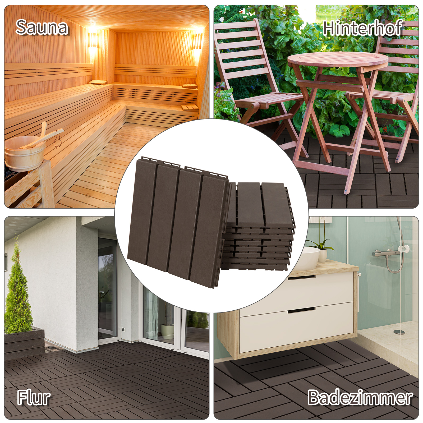 Terrassenfliesen 30 x 30 cm 9 Stück 0,81? Klickfliesen Balkonfliesen mit Klicksystem Drainagefunktion Bodenbelag Fliese für Terrasse Balkon Braun