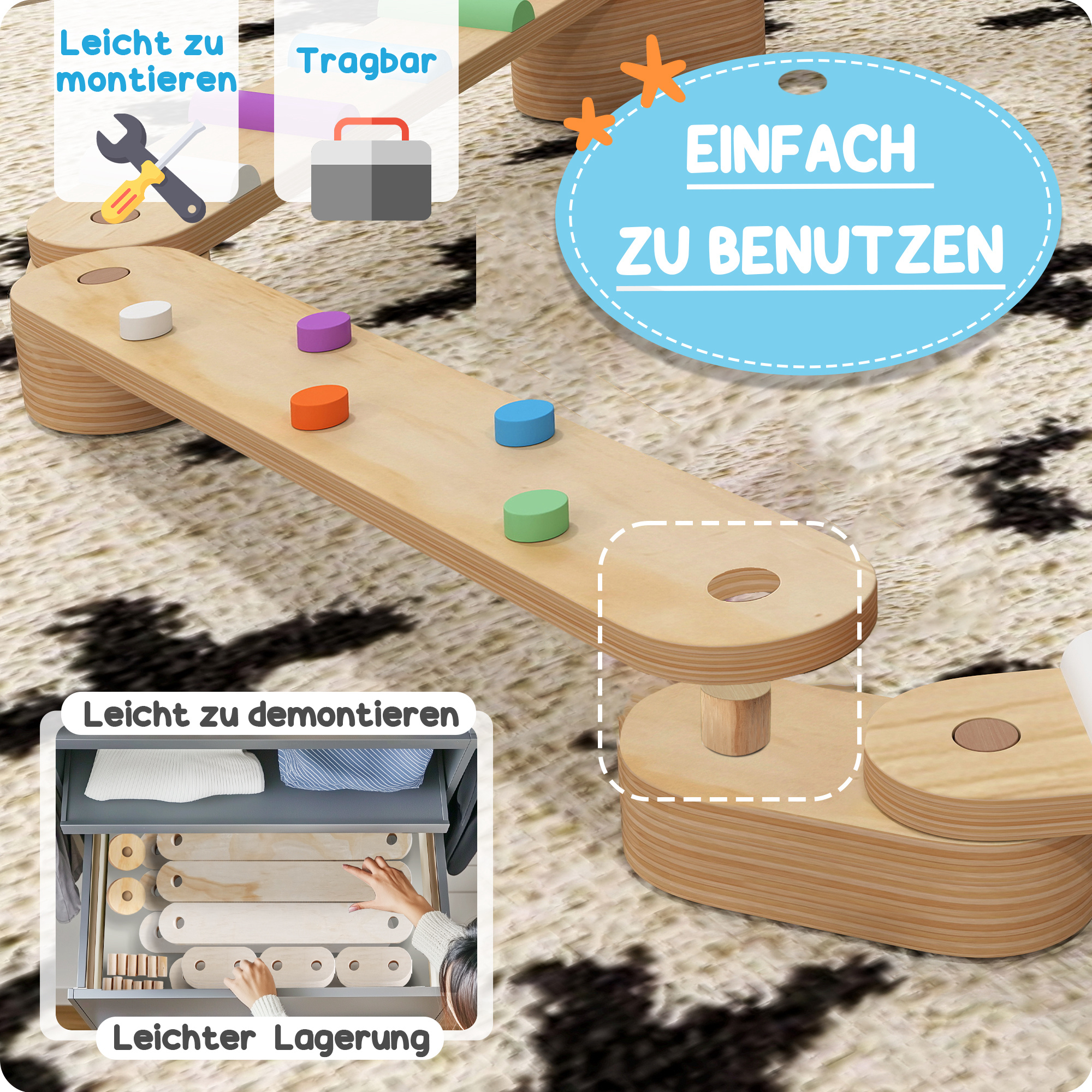 Balancebalken-Kinderset aus Holz, für Kinder von 3-8 Jahren, zweiseitige Balancebretter für spielerische Koordination