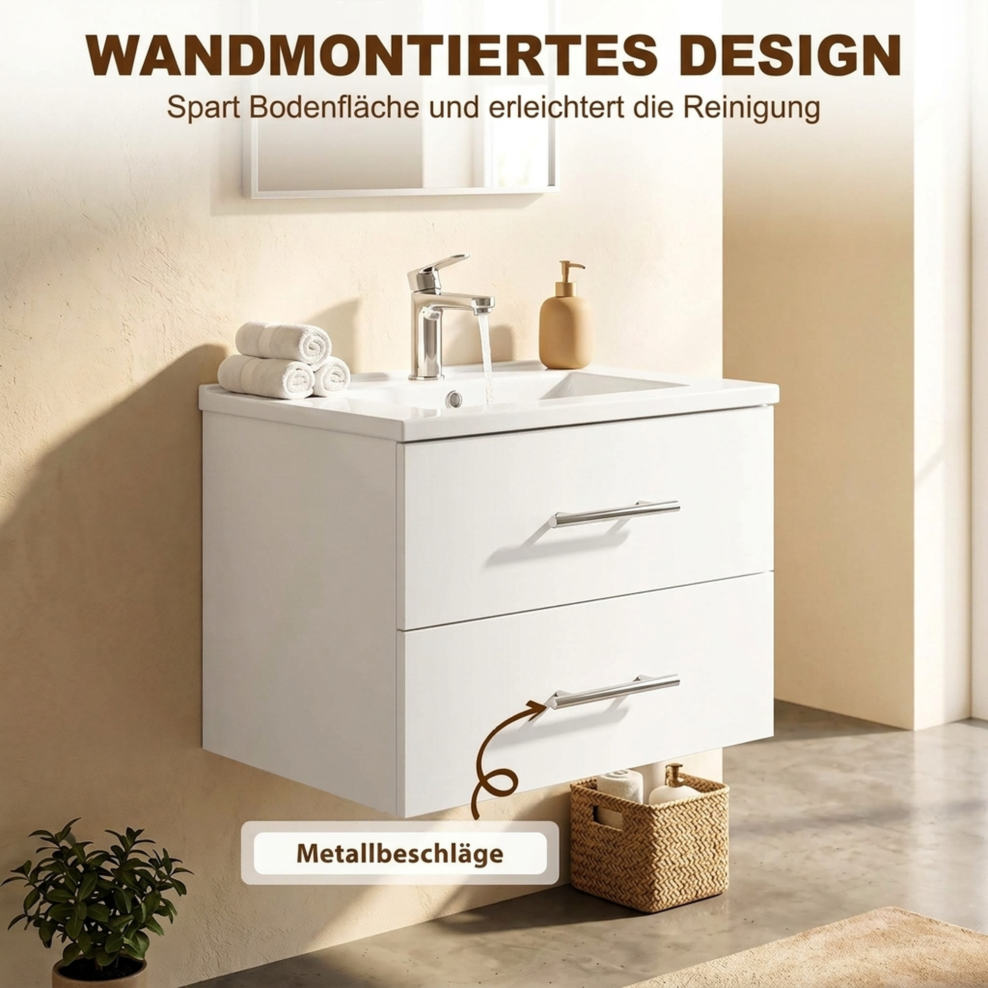 Waschbeckenunterschrank für Wandmontage Badezimmer Unterschrank mit Keramikbecken 60 cm Weiß