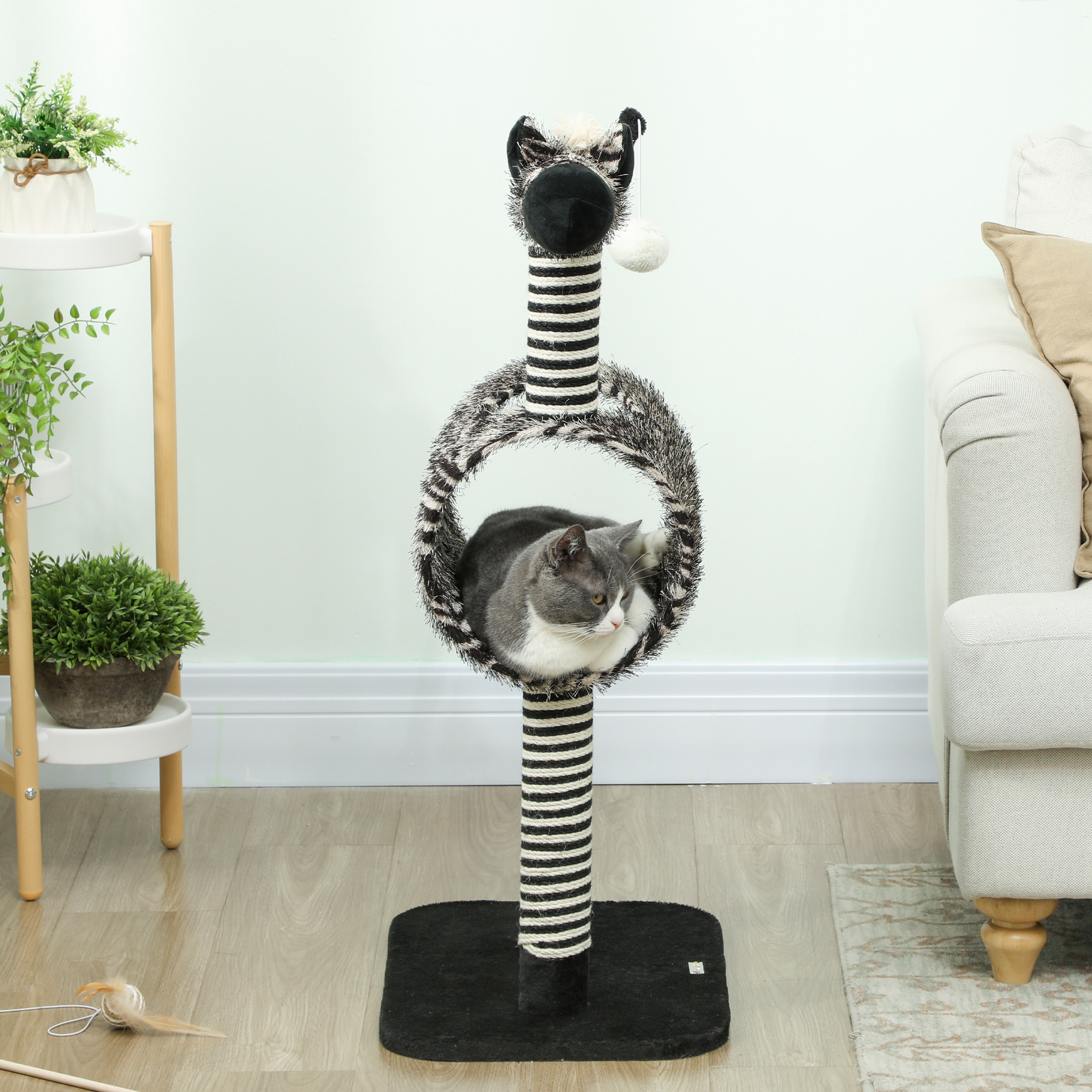 Kratzbaum im Zebra-Design, 1 Katzentunnel, 3 Kratzstämme 48,5 cm x 35 cm x 93 cm, Schwarz + Weiß