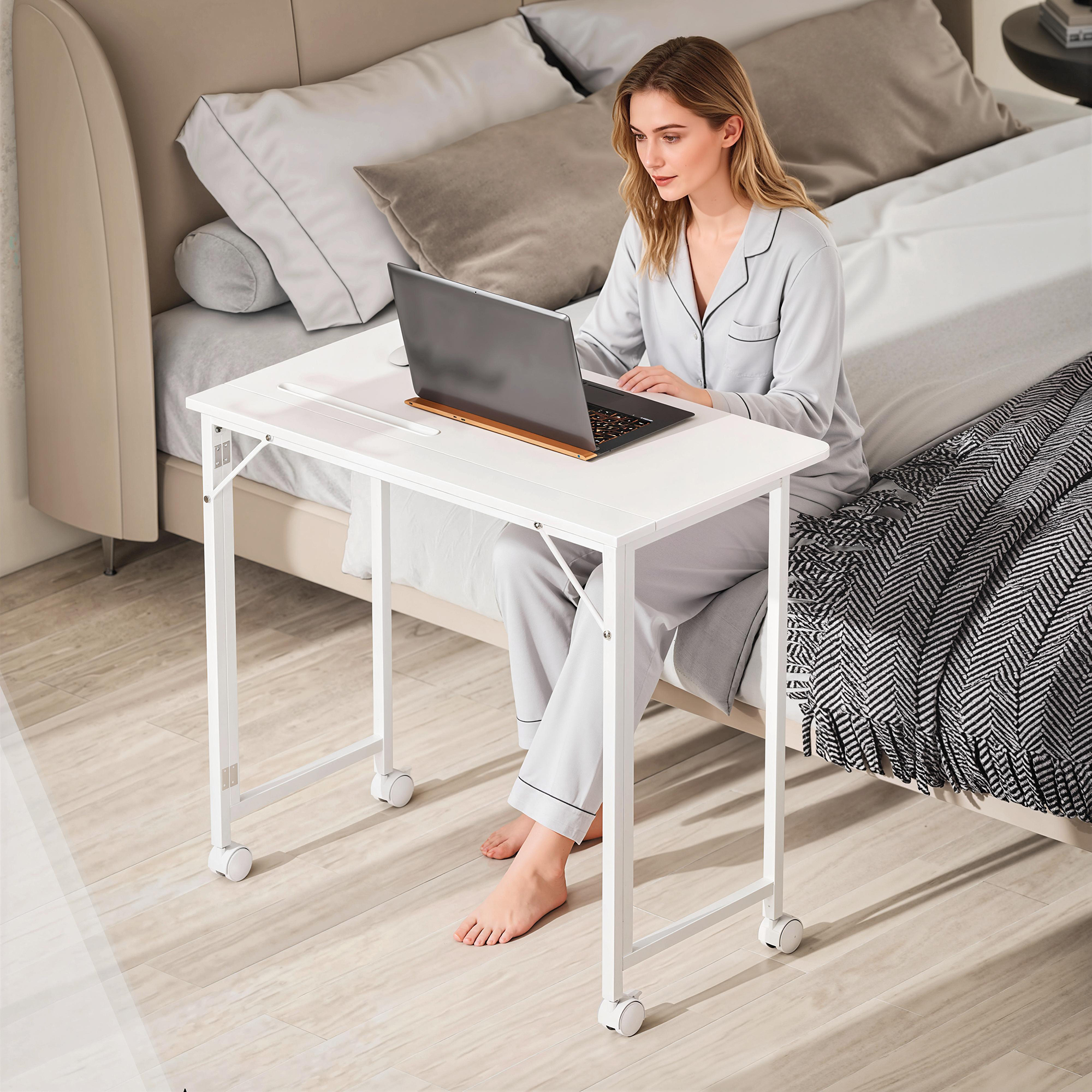 Schreibtisch, klappbarer Computertisch, platzsparender Bürotisch mit Rollen, Geräteschlitz, 80 x 52 x 75 cm, Weiß