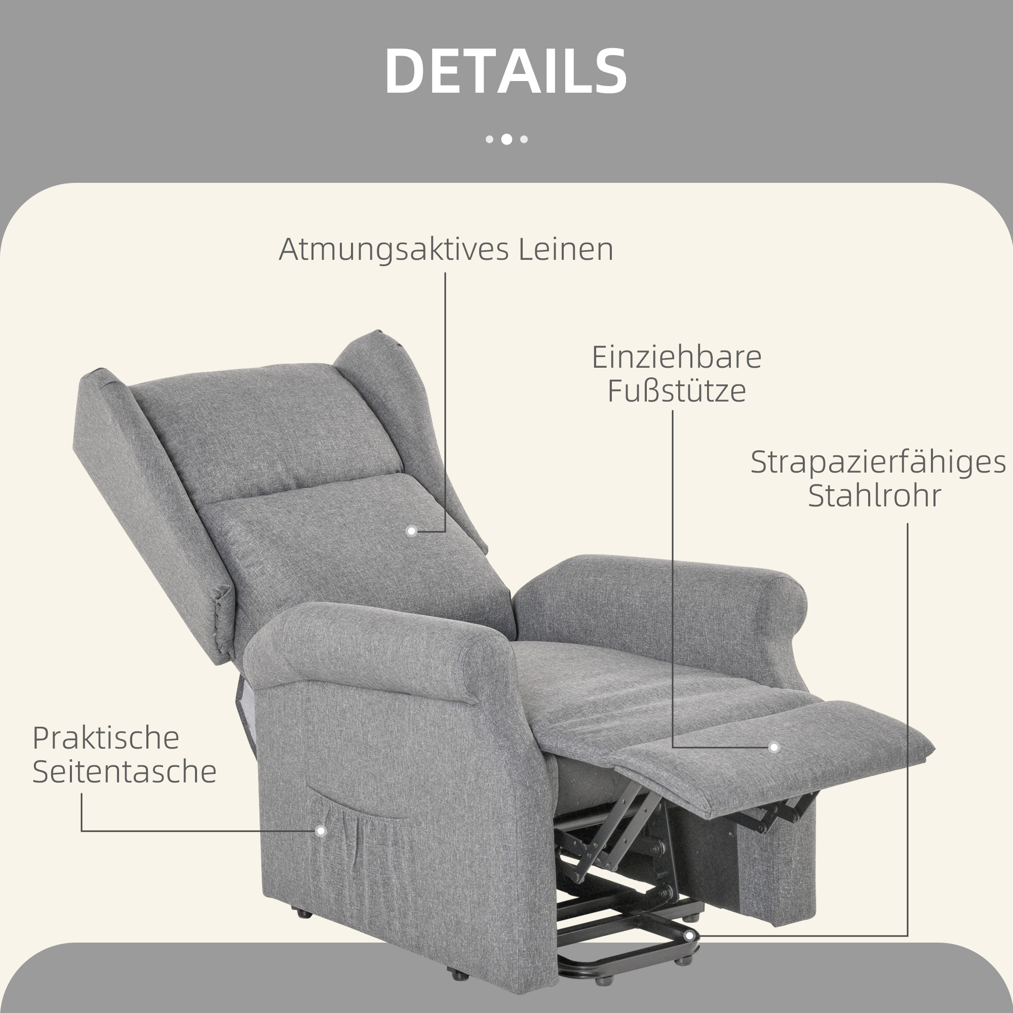 Relaxsessel, Aufstehhilfe, Liegefunktion, bis 200kg, 72,5x94x109cm, Grau