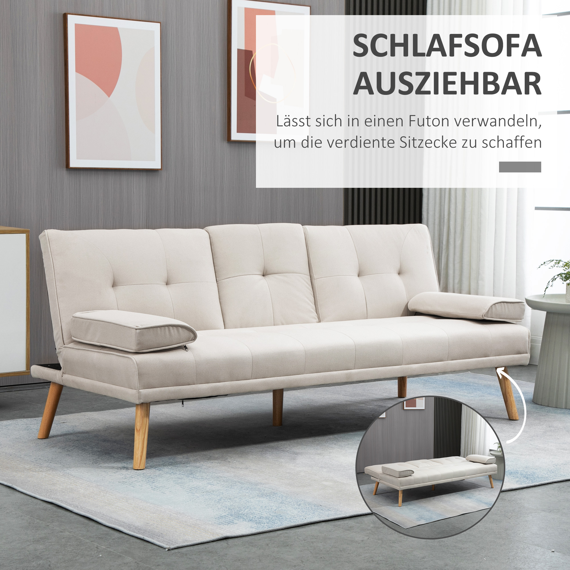 Schlafsofa 3-Sitzer, neigbare Rückenlehne mit Klapptisch, zwei Armpolster, Leinenoptik, beige, 181 x 77 x 78 cm