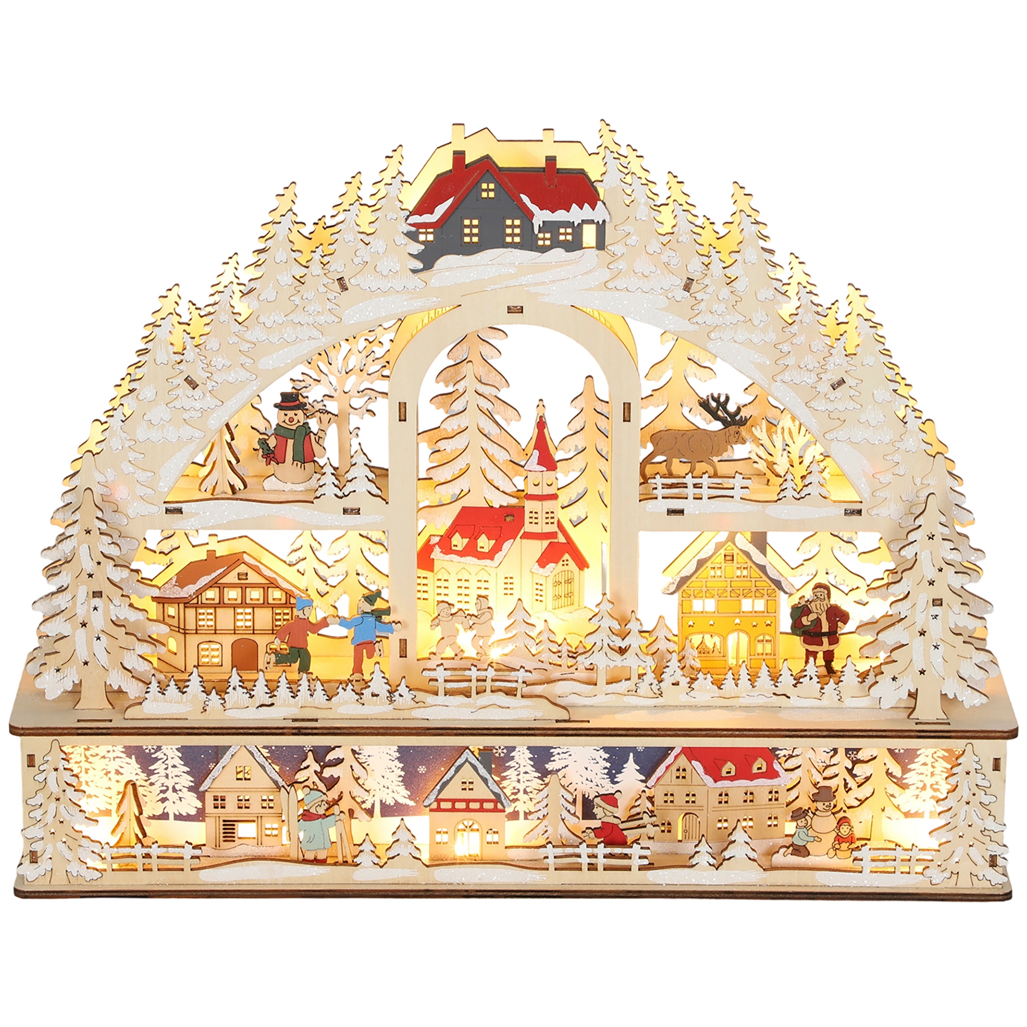 Weihnachtsdorf mit LED-Leuchtung, 45 cm Weihnachtsstadt mit Schneemann, Renntier und Bäume Naturholz