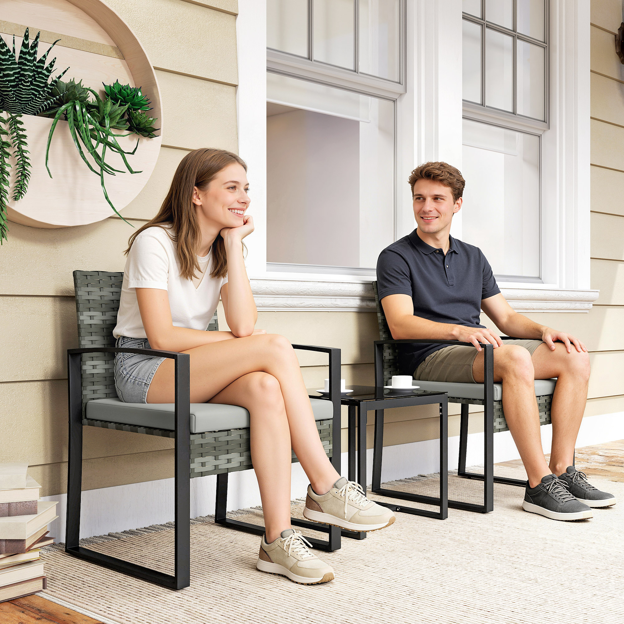 Rattan Bistroset, 3 teiliges Gartenmöbel-Set mit 2 Gartenstühlen, Couchtisch, abnehmbar Kissen Hellgrau