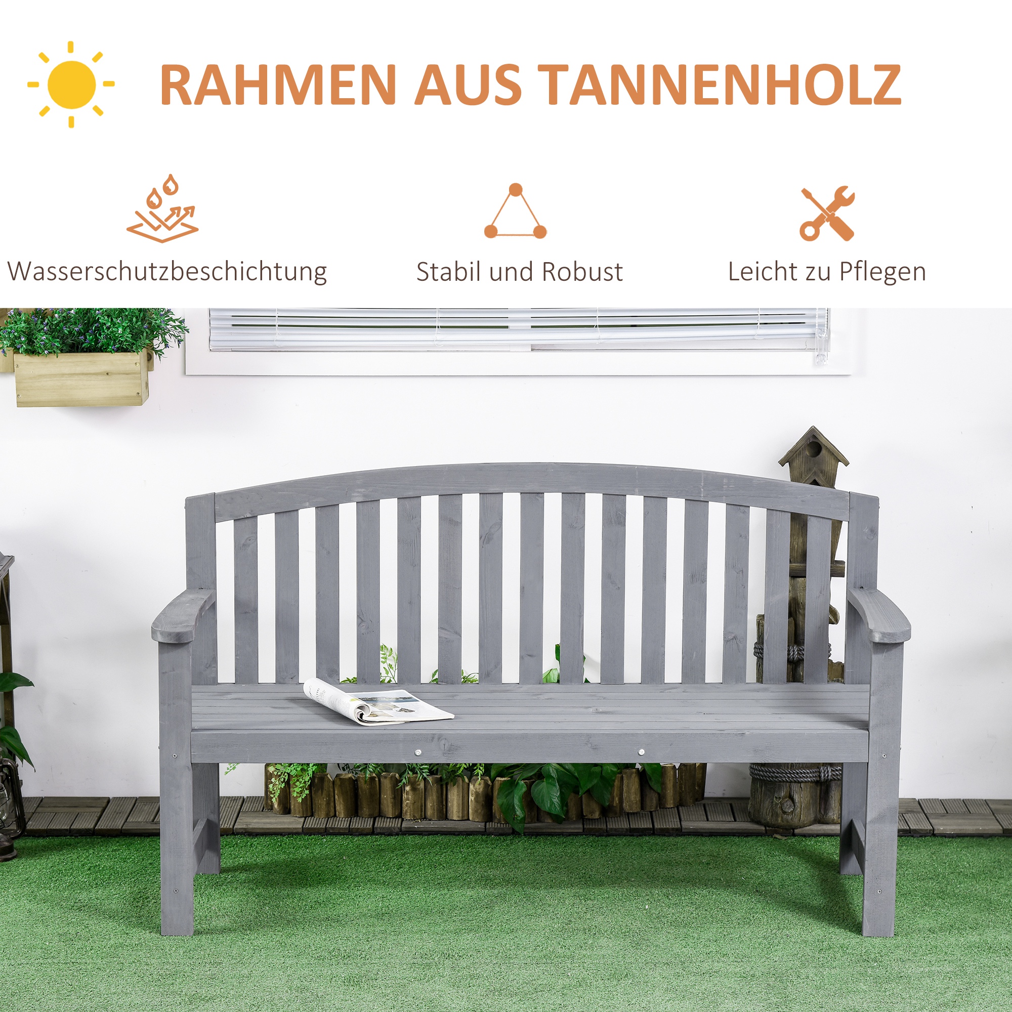 2-Sitzer Gartenbank Holz, wetterfest Sitzbank, Gartenmöbel mit Rückenlehnen, 240 kg belastbar 143 x 51 x 85 cm, Grau