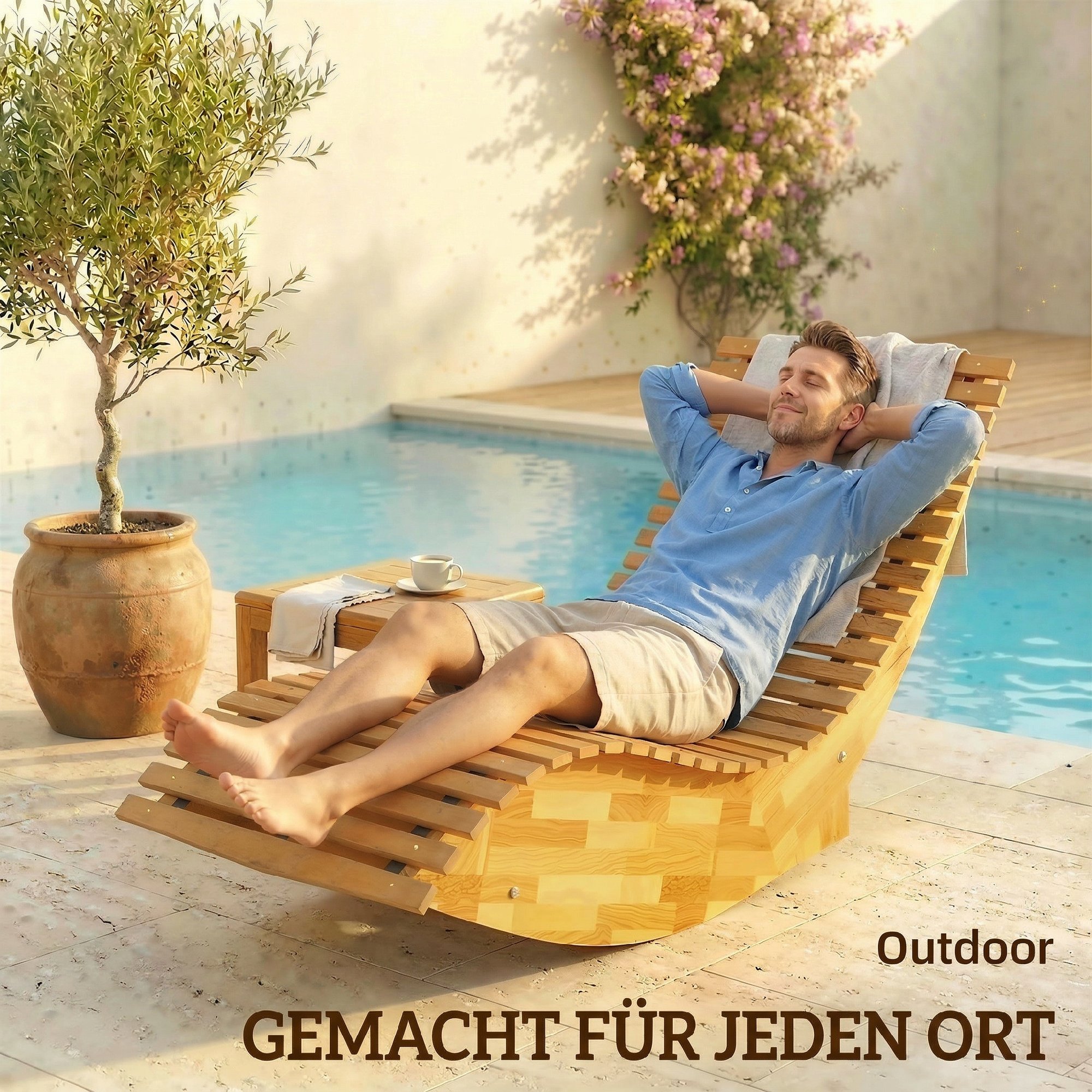 Sonnenliege aus Akazienholz Klappbar Ergonomisch Gartenliege mit S-Form Latten-Design 60 x 156 x 77 cm
