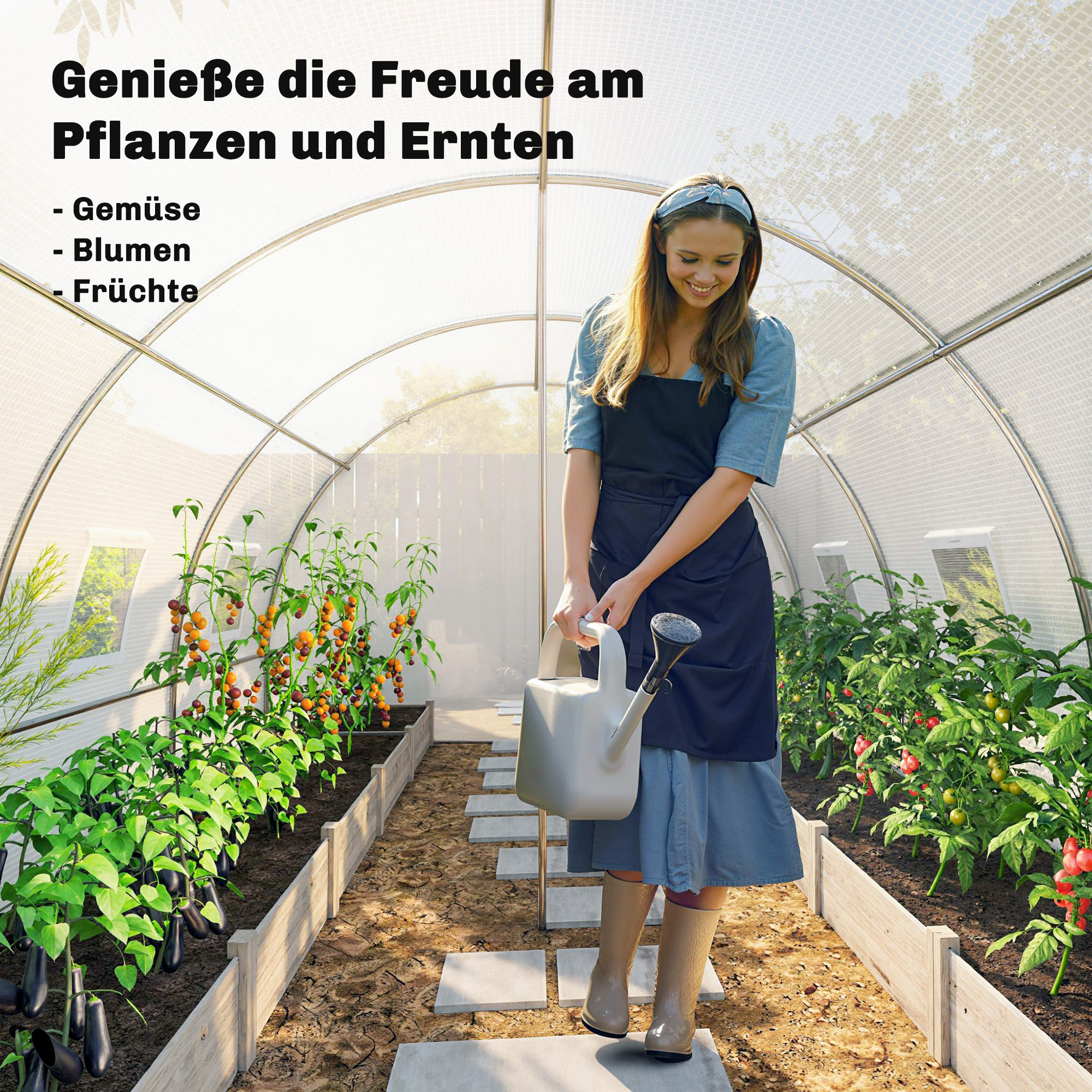 Foliengewächshaus, Kunststoff-Abdeckung, Maschentür, Stützstangen, Weiß