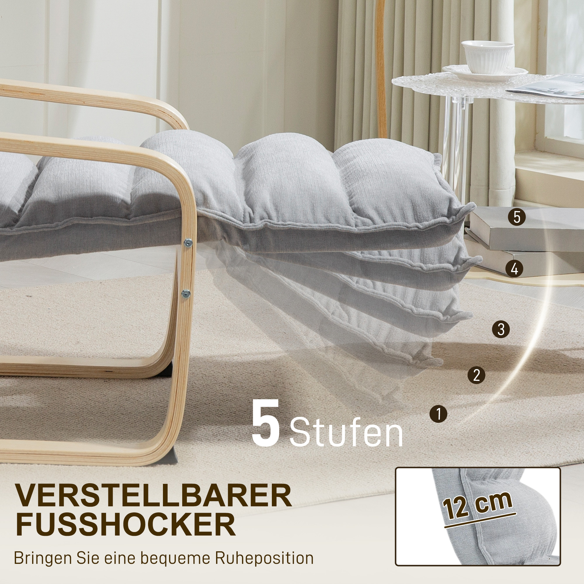 Lounge-Sessel aus Birkenholz, Polstersessel mit verstellbarer Fußstütze, Moderner Armlehnstuhl, Hellgrau