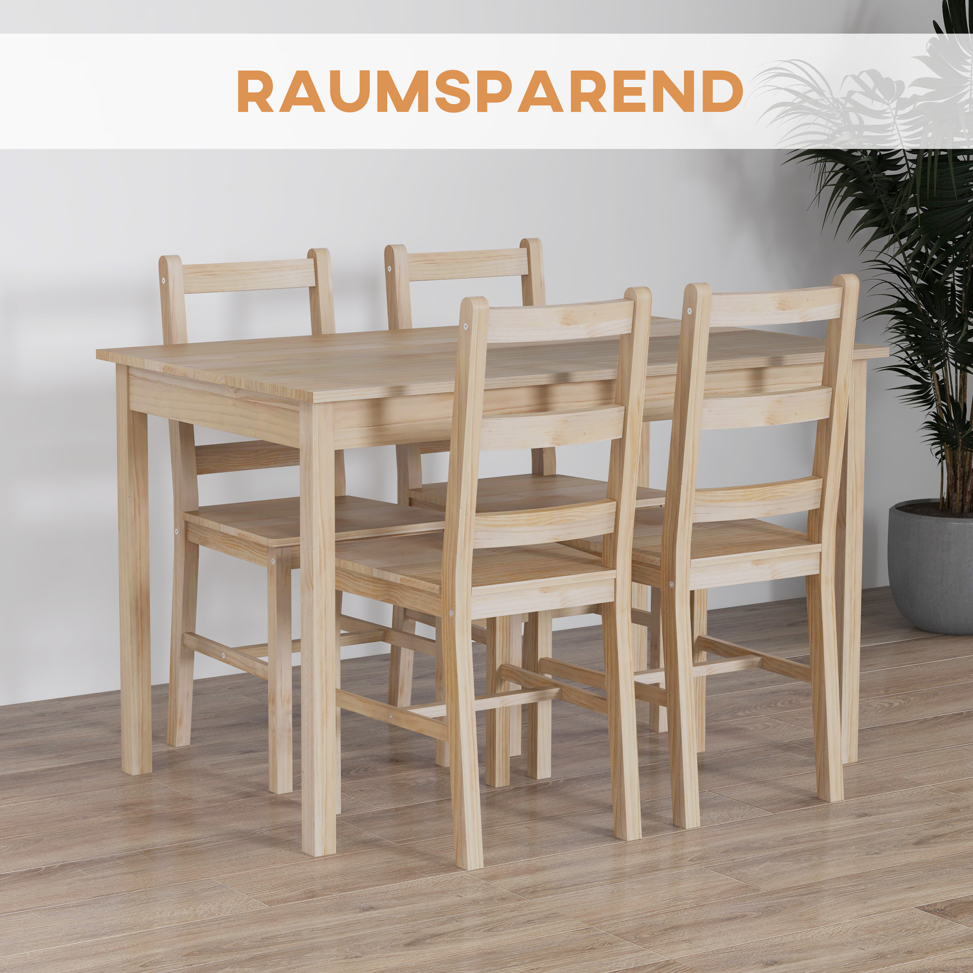5-teilige Essgruppe Esstisch mit Stühlen Sitzgruppe, Massivholz, 118 cm x 73 cm x 75 cm, Natur