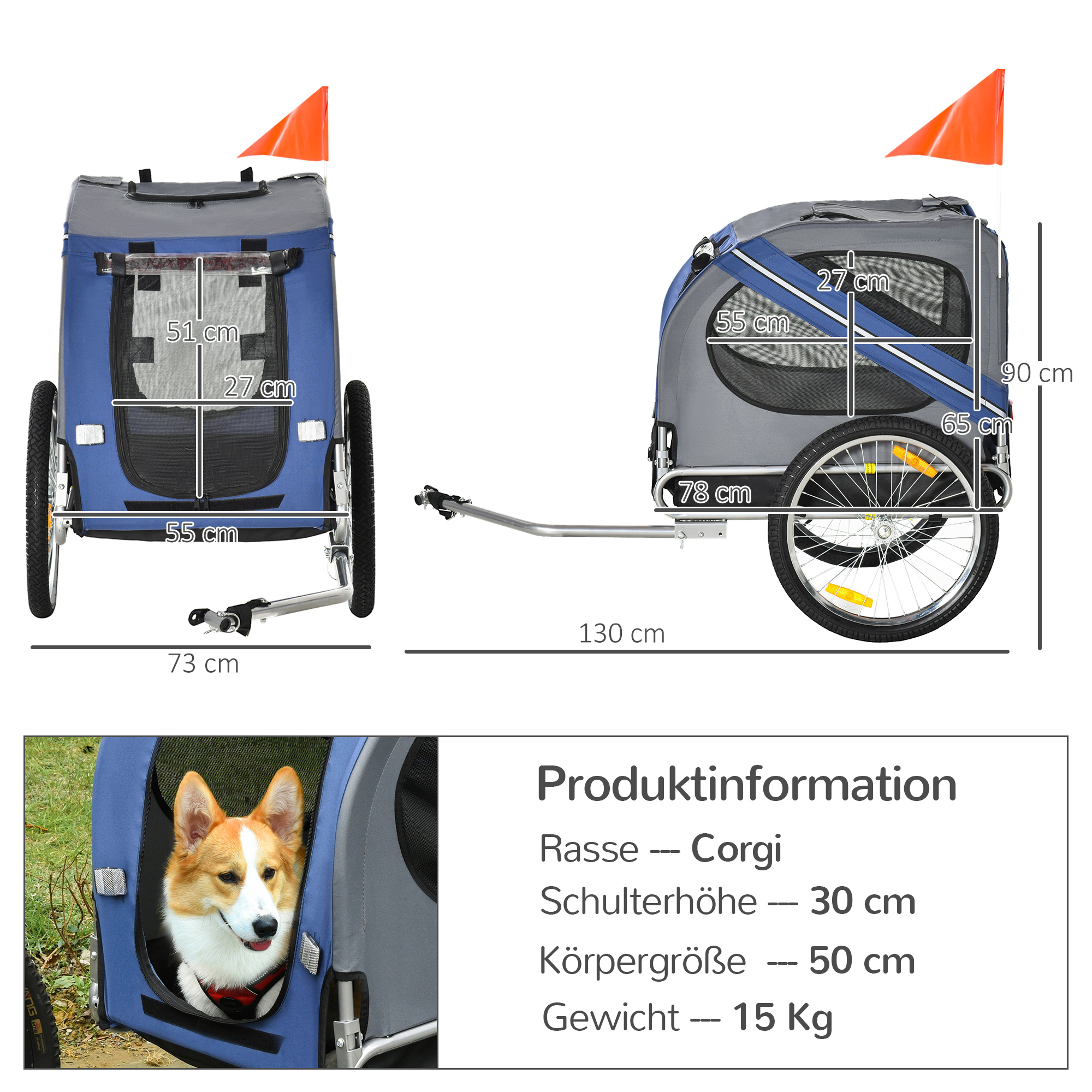 2-in-1 Haustieranhänger Fahrradanhänger bis 20kg klappbar Regenschutz Sicherheitsfahne Reflektoren Stahl grau+blau 130 x 73 x 90cm