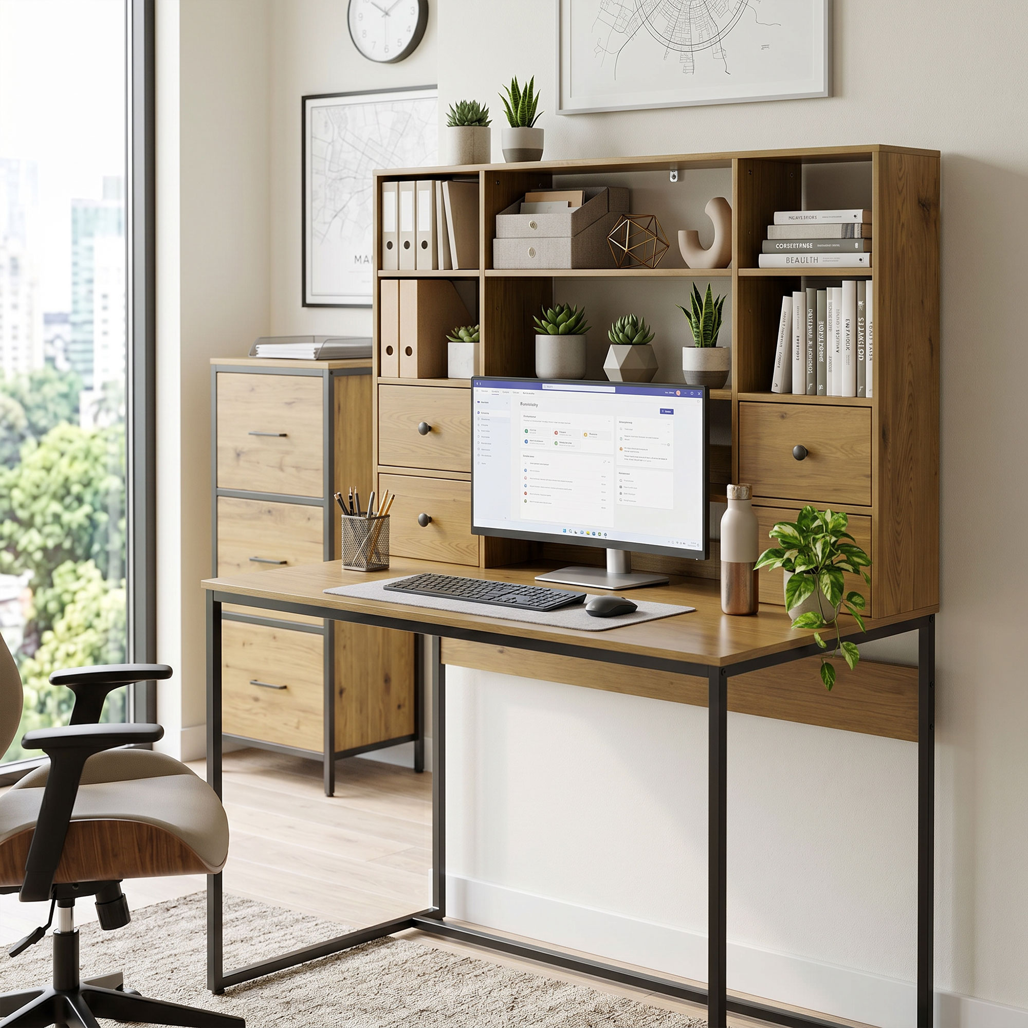 Computertisch mit 4 Schubladen und Regalen, Schreibtisch 105 cm, Naturholz