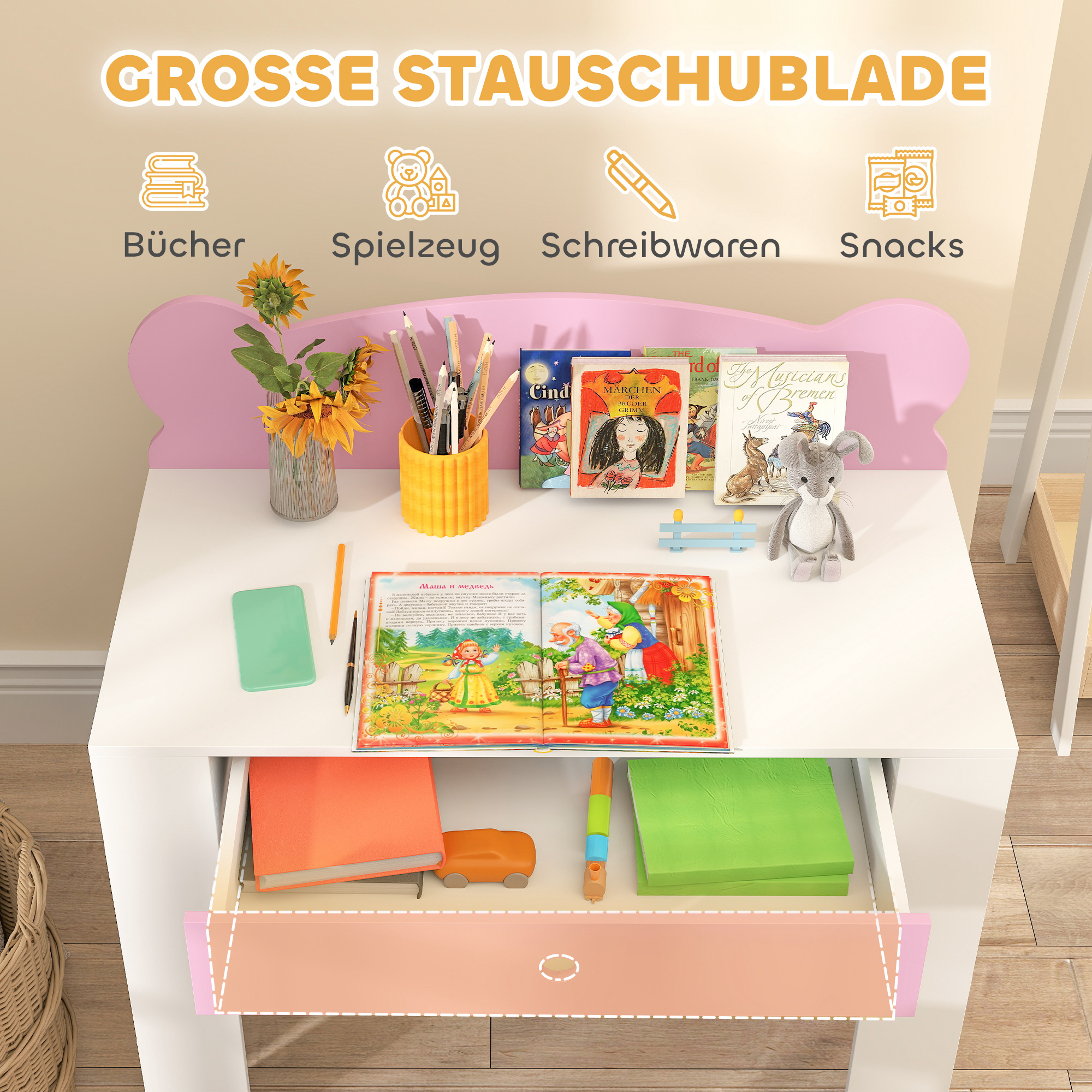 Schreibtisch-Set für Kinder, Arbeitstisch und Stuhl mit Bärenform, Schublade, zum Schreiben und Basteln, 3-8 Jahre, Rosa