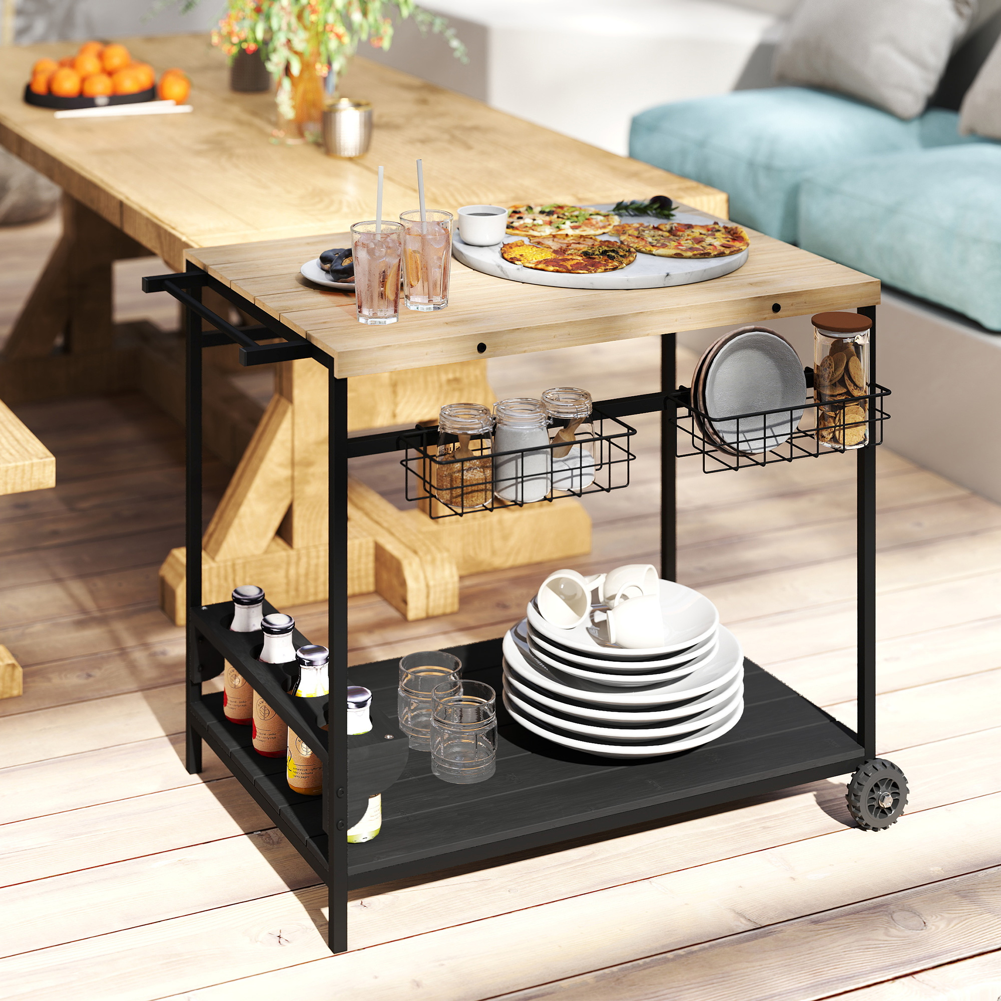 Servierwagen, Küchenwagen, 2 Etagen, 4 Flaschenhalter, In/Outdoor, Natur/Schwarz