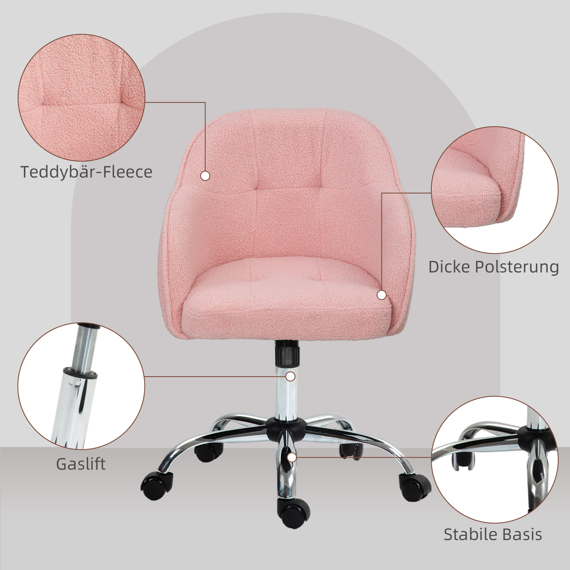 Homeoffice Stuhl, Ergonomisch Schreibtischstuhl mit Wippfunktion, Teddysamtoptik 56 x 61 x 86 cm Rosa
