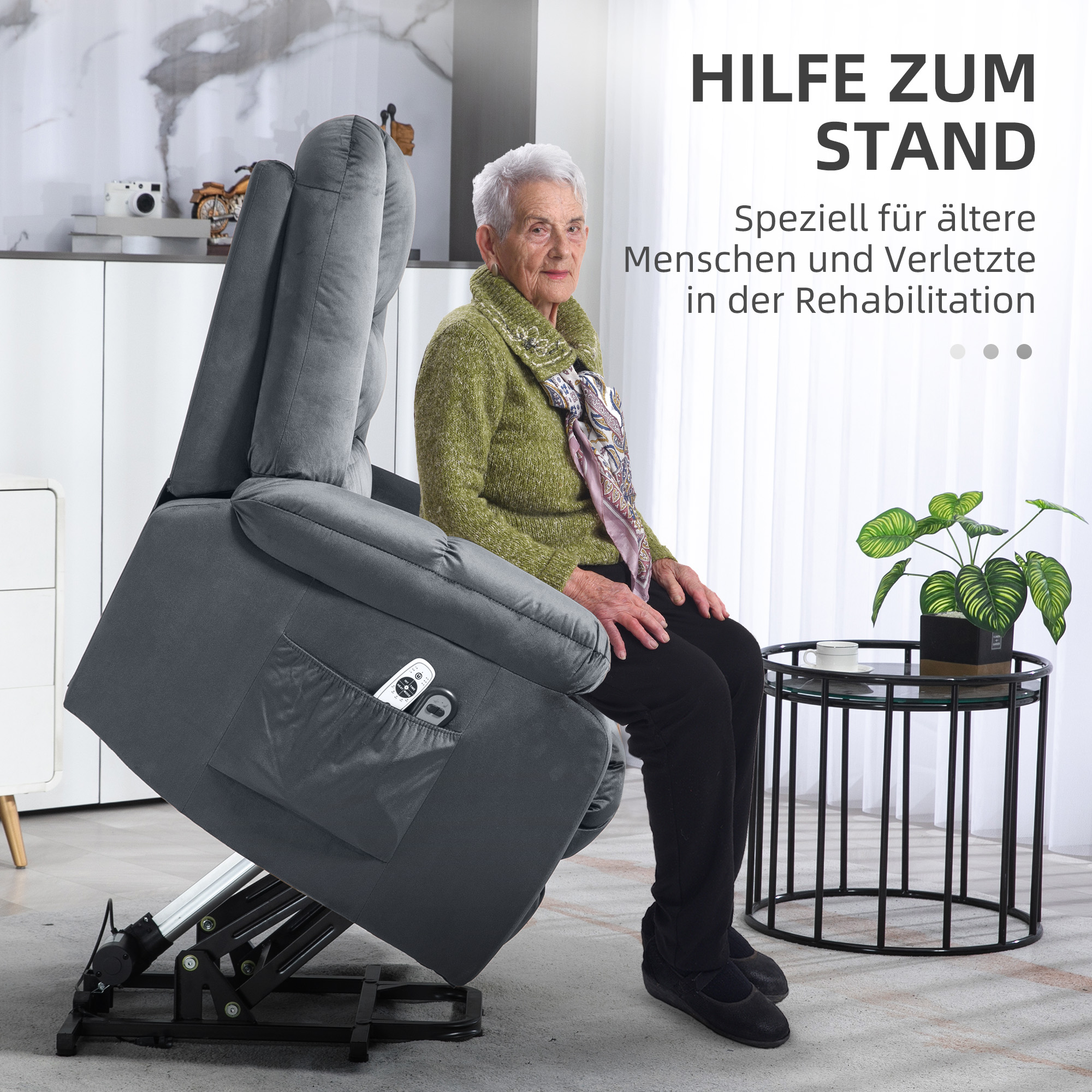 Massagesessel Aufstehhilfe Seniorensessel Relaxsessel, 8 Massagepunkte, 2 Seitentaschen, 85 cm x 94 cm x 107cm, Grau