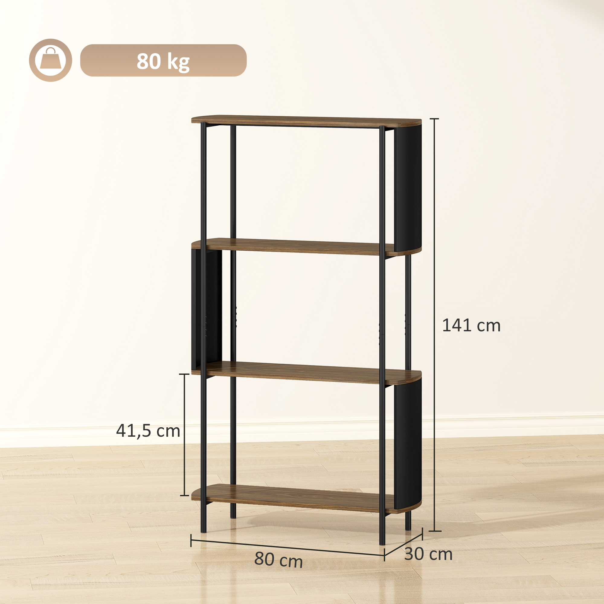 4-stufiges Regal, freistehendes Regal mit geschwungenem Design, industrielles Bücherregal, braune Holzoptik
