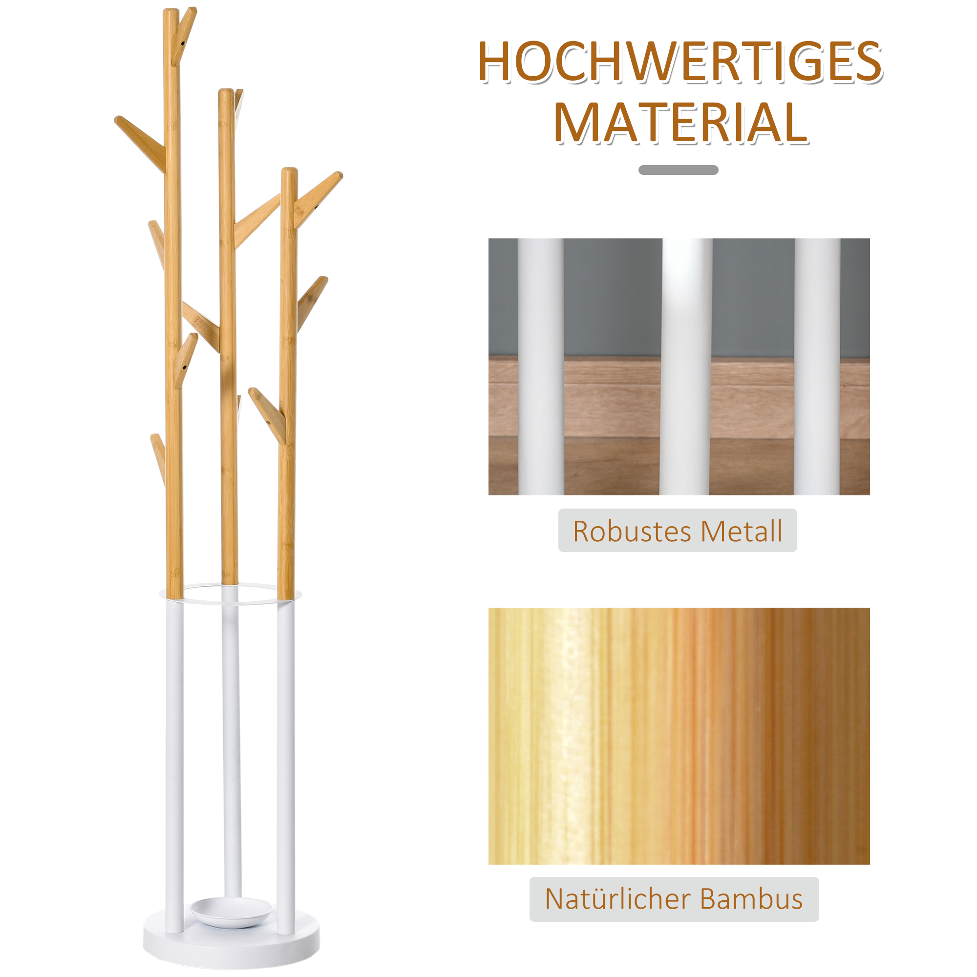 Garderobenständer, Kleiderständer mit 12 Haken und Schirmständer, Garderobe in Baumform, moderner Jackenständer für Kleidung, Hut, Tasche, für Wohnzimmer, Schlafzimmer, Bambus, Natur+Weiß