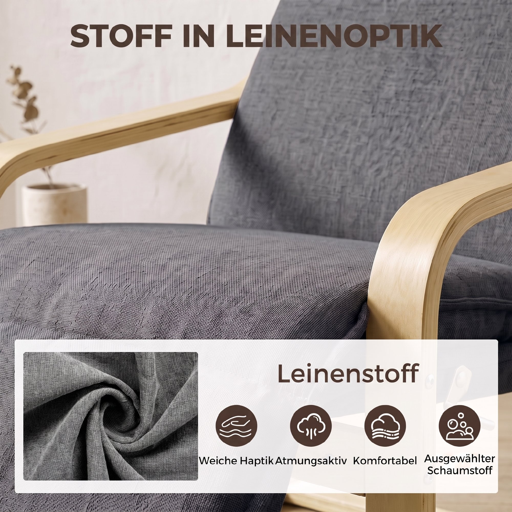 Loungesessel Wohnzimmer Sessel mit Fußstütze, Leinenoptik Moderner Schwingsessel mit Schaukelfunktion Dunkelgrau