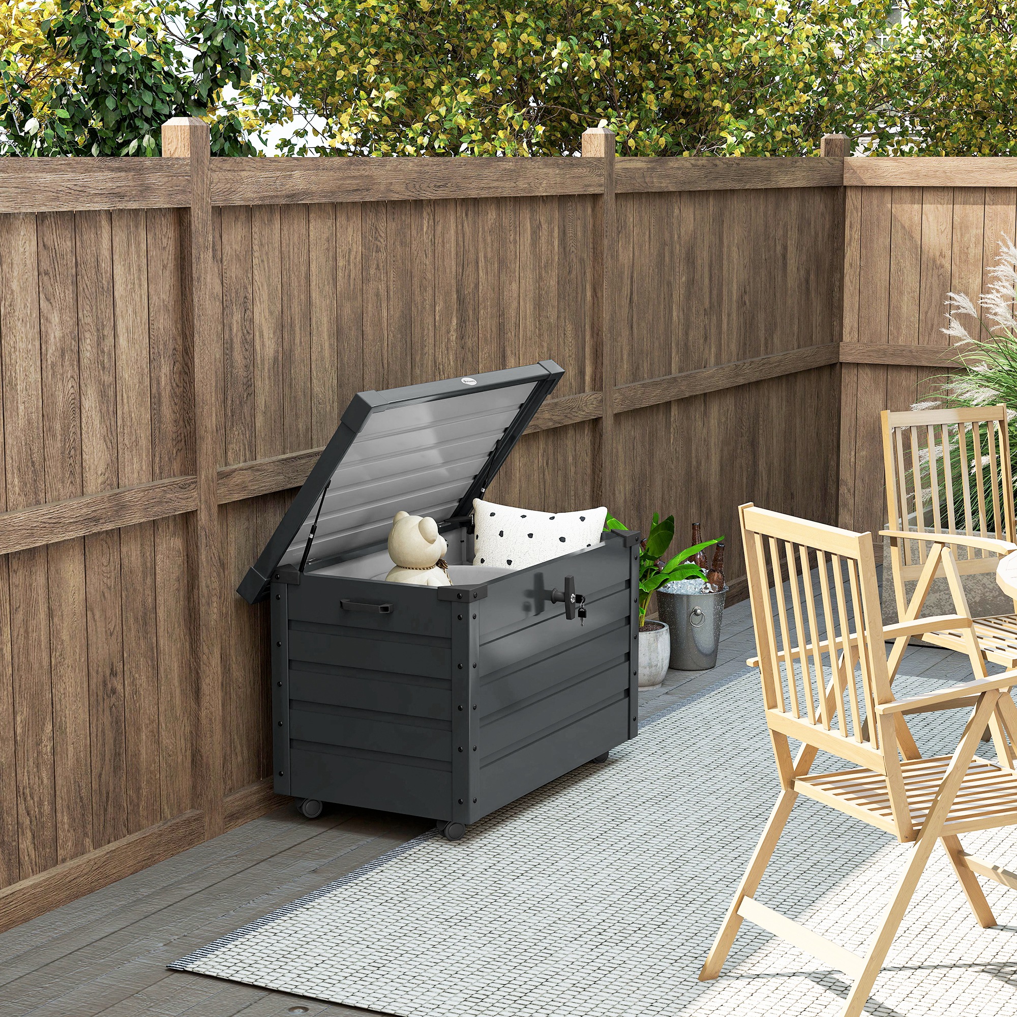 Outdoor Aufbewahrungsbox Gartenbox Kissenbox, wetterbeständig, 4 Rollen, 100 cm x 62 cm x 65 cm, Dunkelgrau