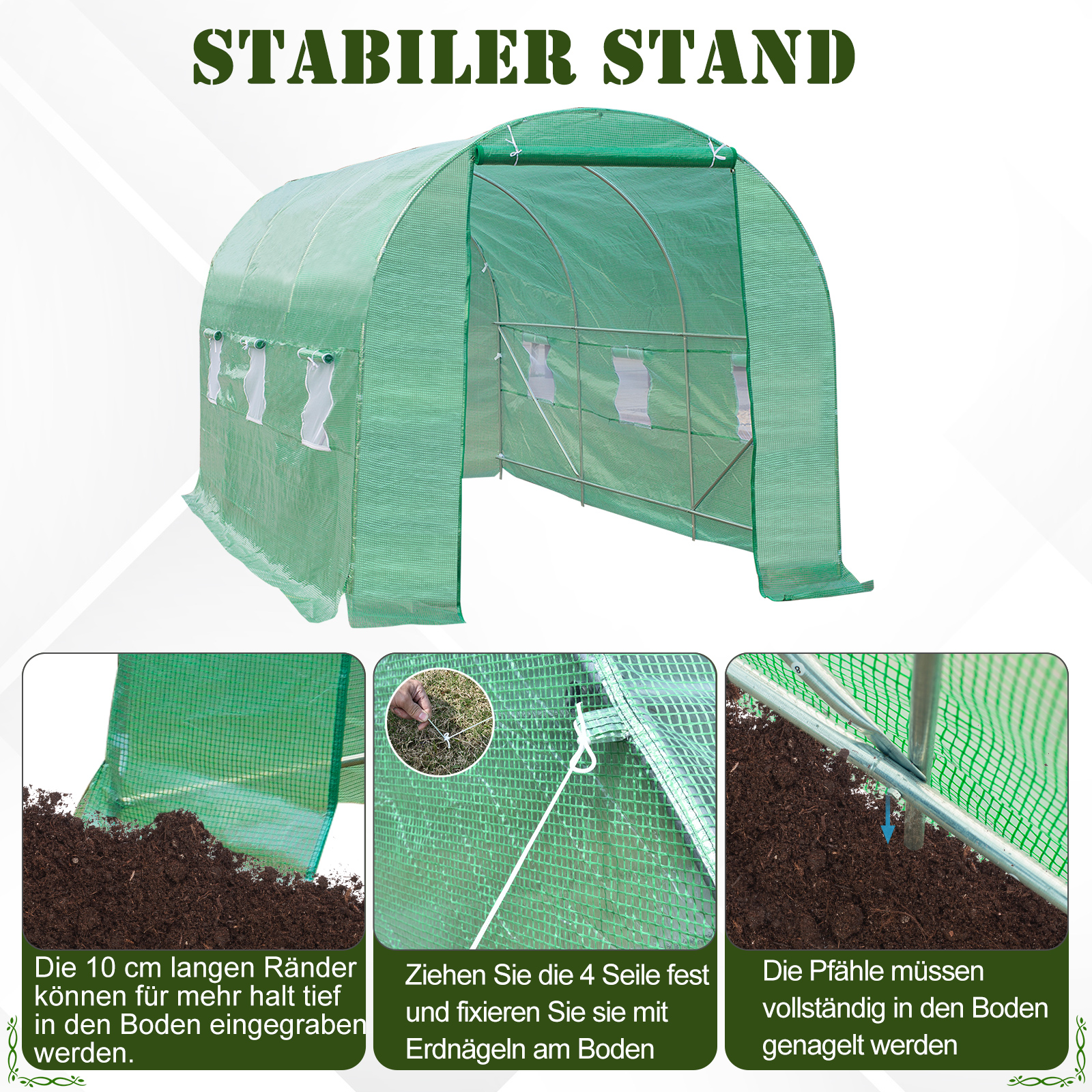 Gewächshaus 445x190x200cm Foliengewächshaus Tomatenhaus Tür mit Moskitonetz, Fenster, Folientunnel aus verzinktem Stahl, stabiles Pflanztunnel, Treibhaus inkl, Erdanker Seilen, Grün