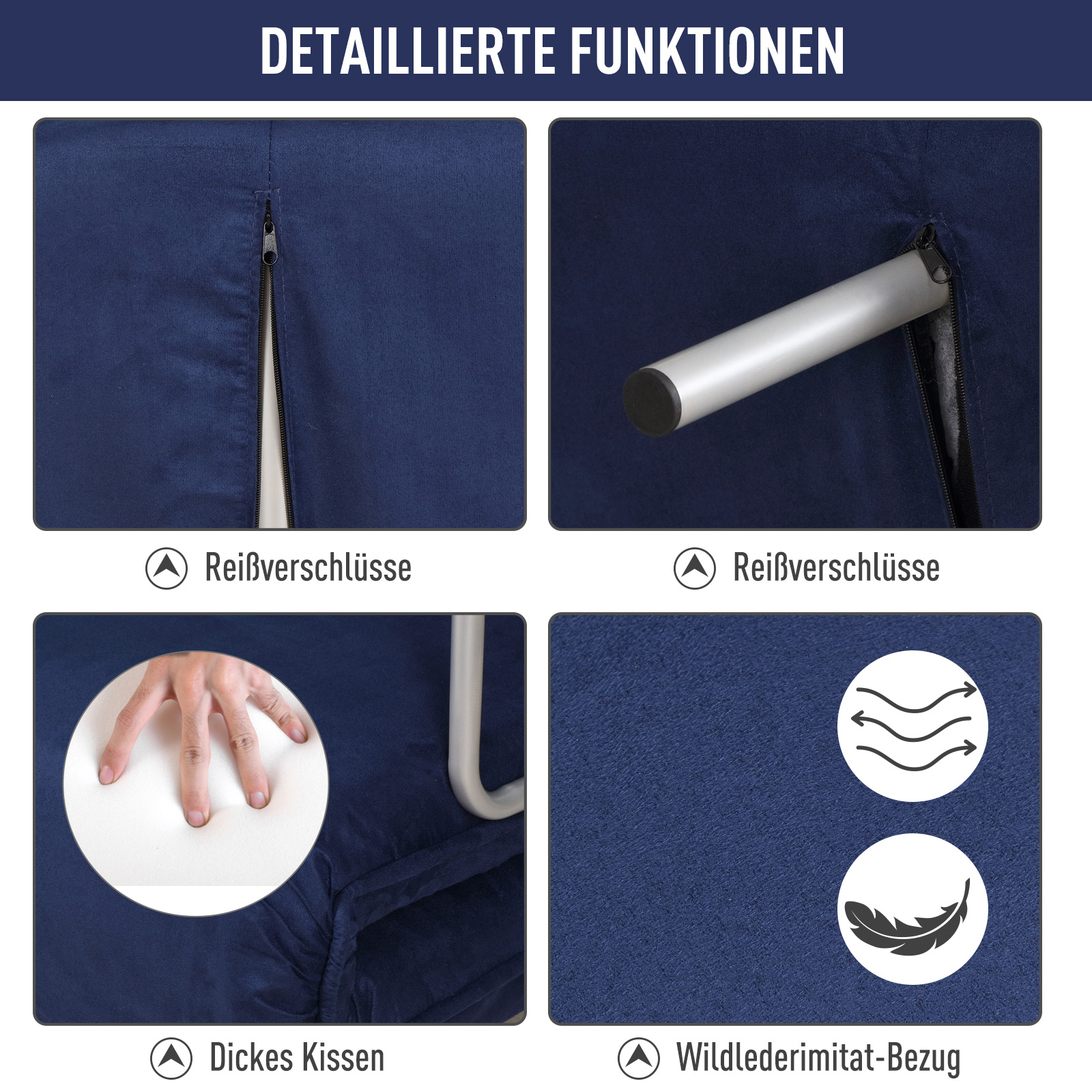 Schlafsofa, 5-fach verstellbar, Wildlederimitat, Metallrahmen, inkl. Kissen, Marineblau