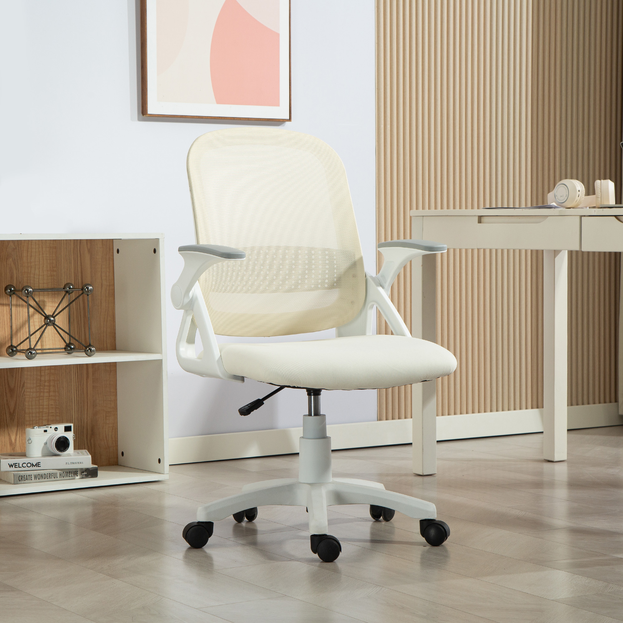 atmungsaktiver Mesh-Bürostuhl, Ergonomischer Drehstuhl mit klappbaren Armlehnen und Lendenwirbelstütze, Weiß