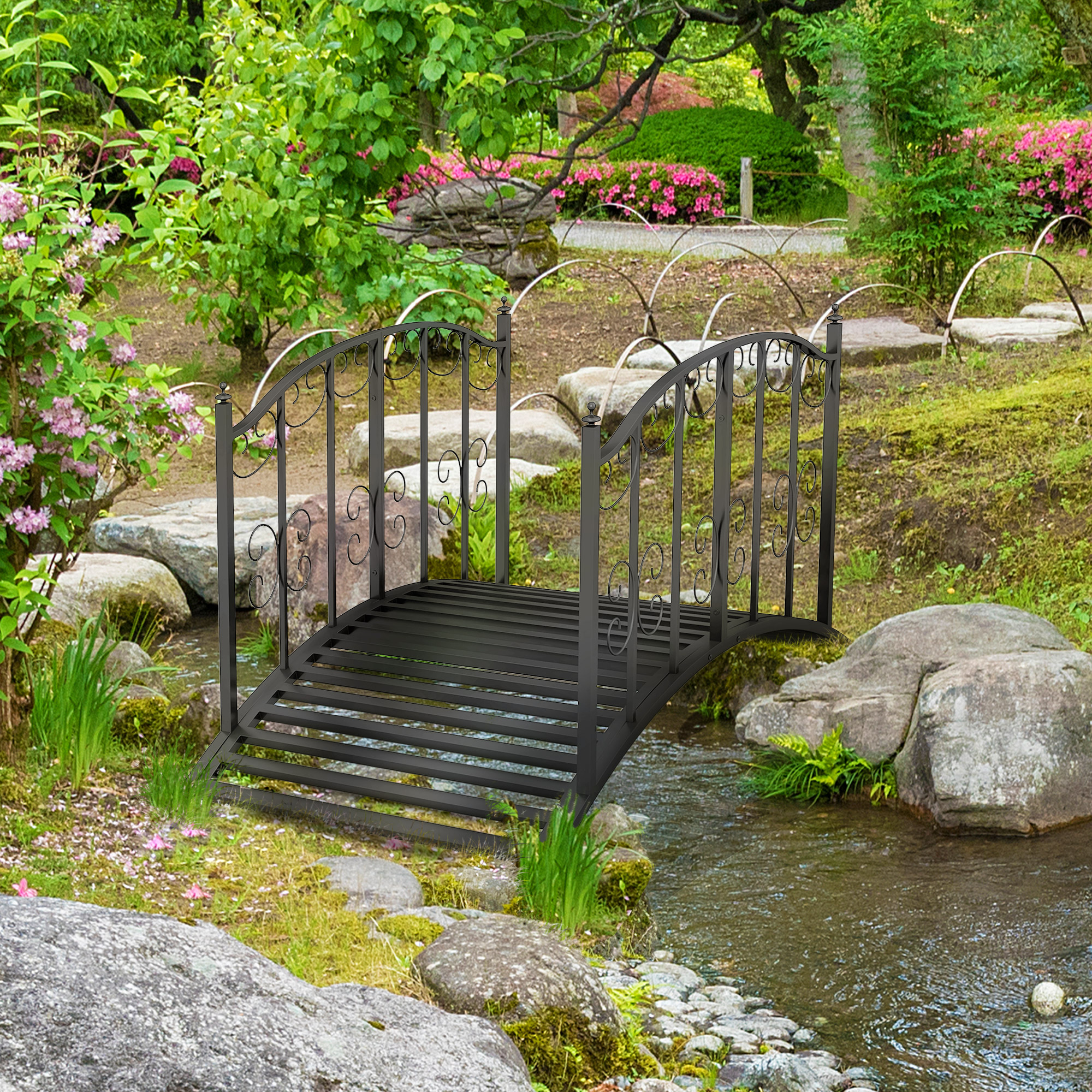 Vintage-Stil Metall-Gartenbrücke, Dekoration für Garten und Teich, 119x67x70 cm, Schwarz