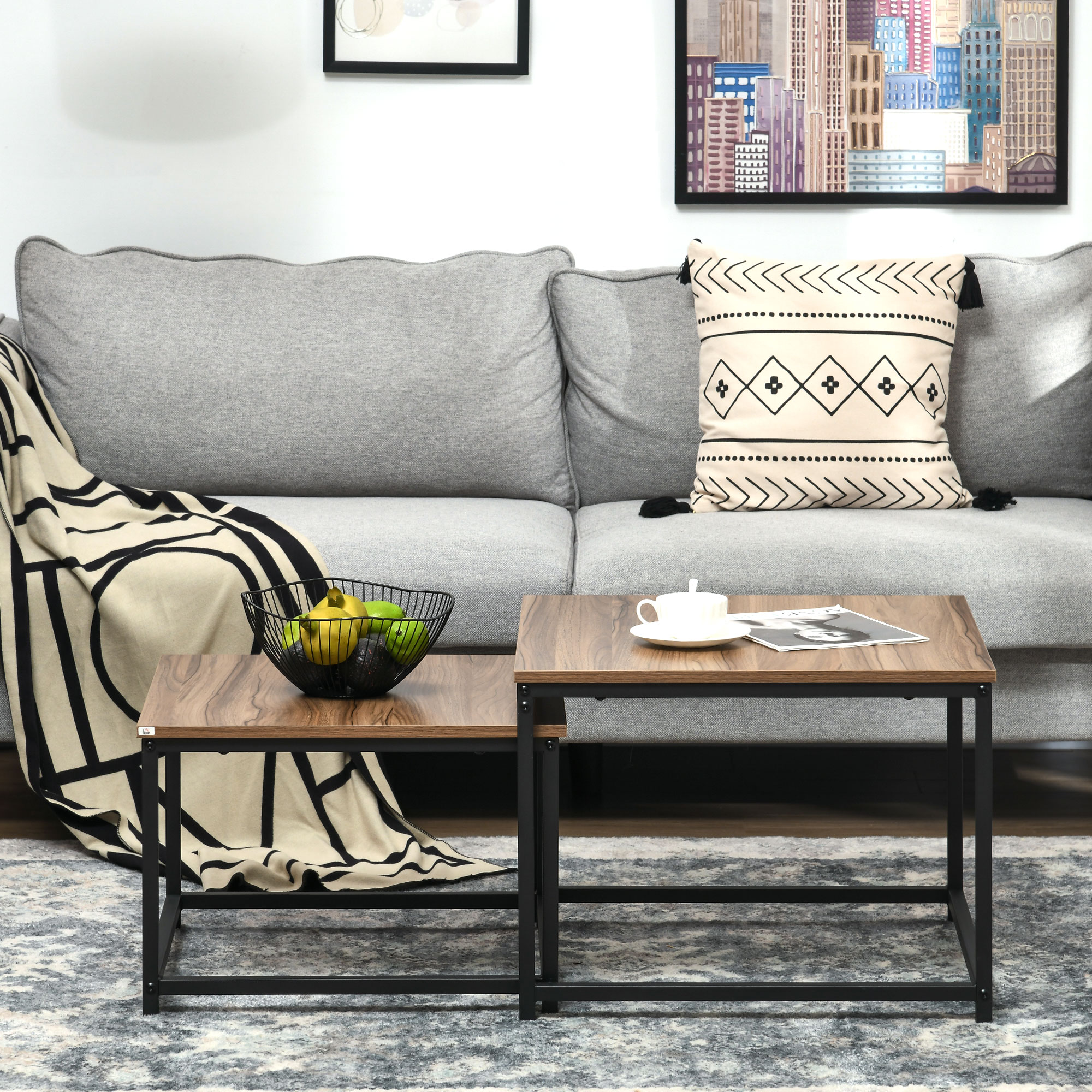 Satztisch-Set aus 2 Beistelltischen, Industrial Design, schwarzer Stahlrahmen, Tischplatte in Holzoptik