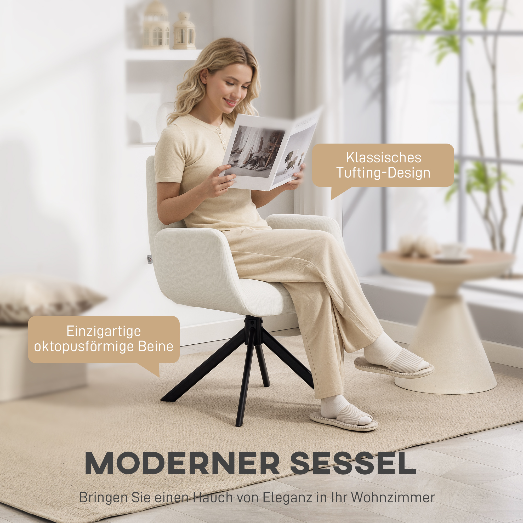 Polstersessel, Akzentsessel, modernes Design, drehbar, bis 120 kg, Cremeweiß