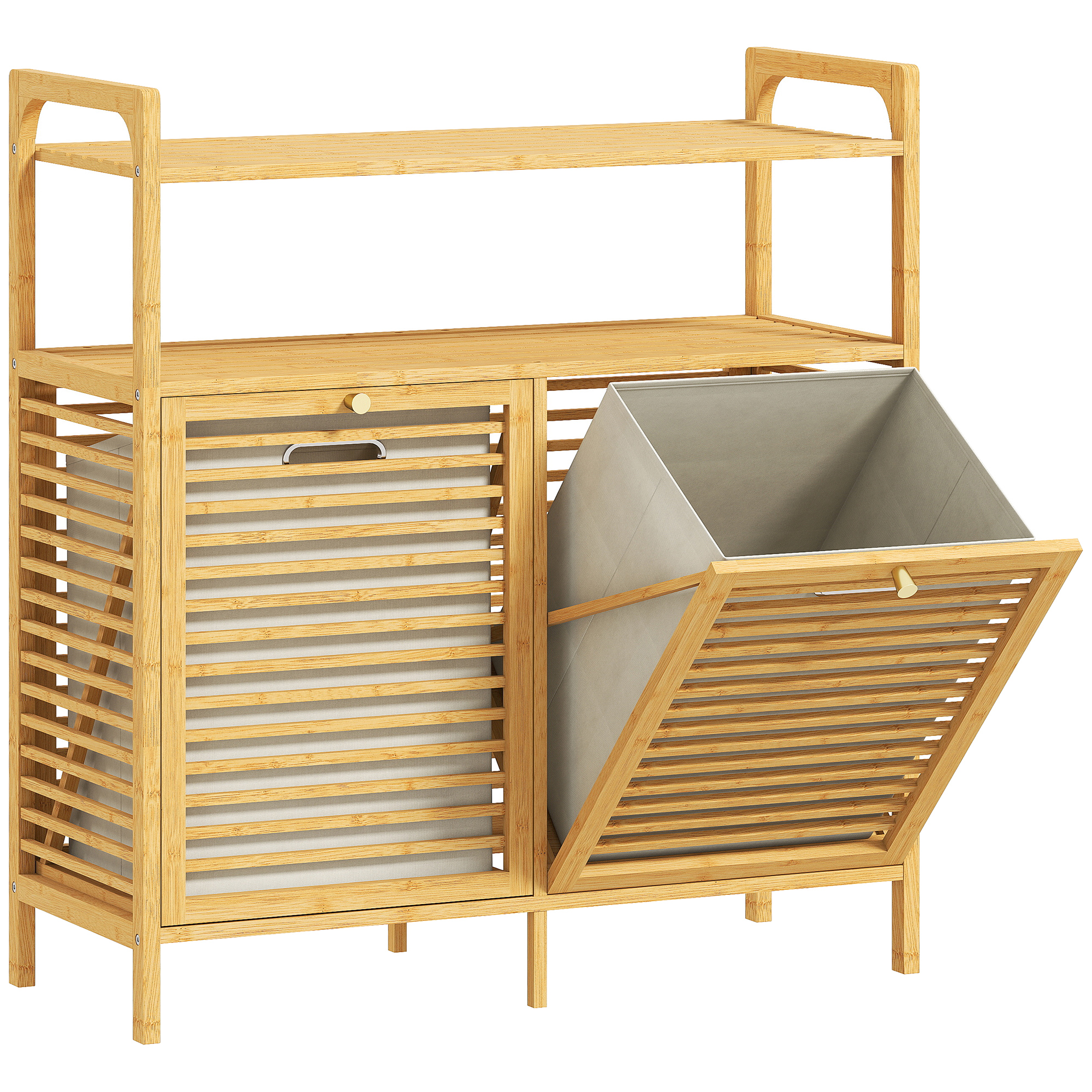 Wäscheregal mit 2 Wäschekörben, freistehendes Bambusregal für Badezimmer, Waschküche, Naturholz+Cremeweiß