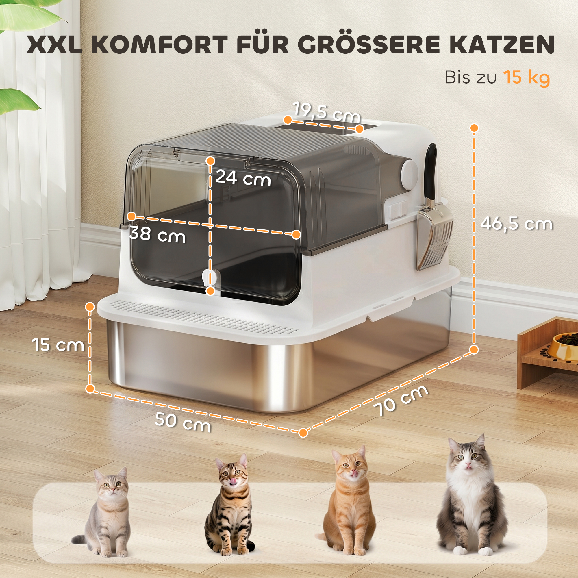 Katzenklo Edelstahl mit Deckel XXL 72L für große Katzen und Mehrere Katzen mit Doppeltüren Schaufel Pedal Anti-Leck