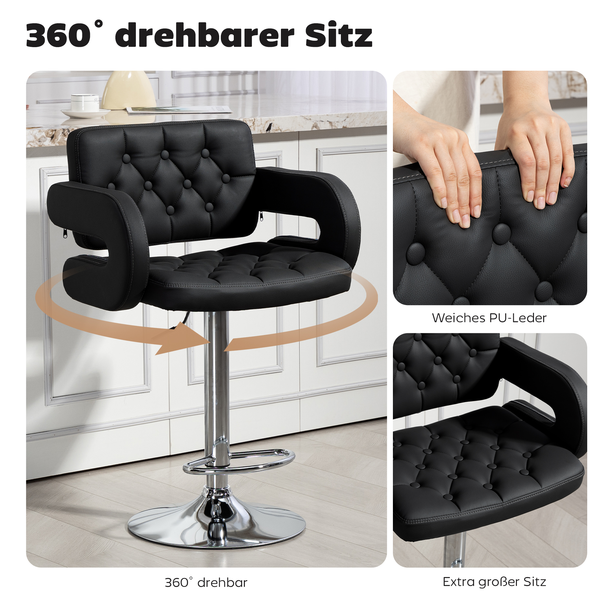 Barhocker, Höhenverstellbar 360° Drehbar Barstuhl mit Metallgestell, Lehne, Fußstütze, 61x50x93-113 cm, Schwarz