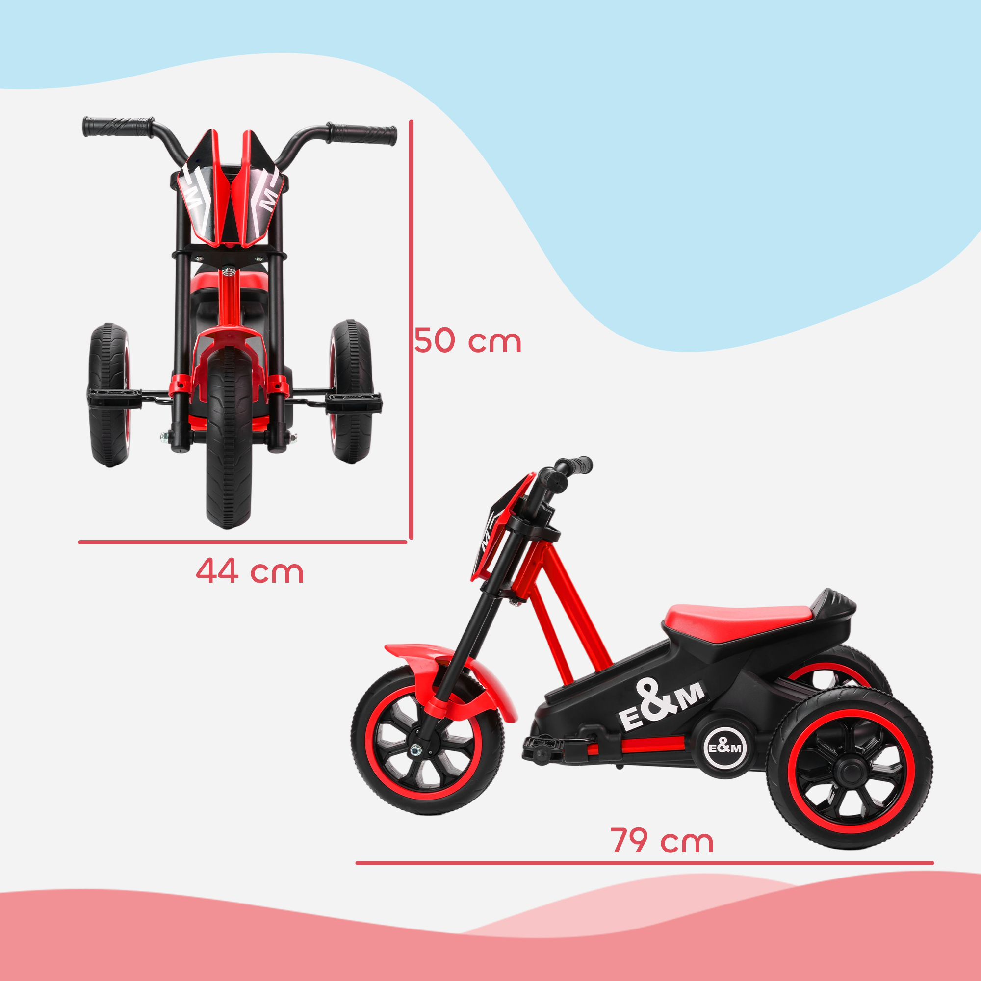 Dreirad, Kinderfahrrad, Laufrad, Kinderrad mit Pedal, Lauffahrrad für Kinder 18-36 Monaten, Stahl, 79x44x50 cm, Rot