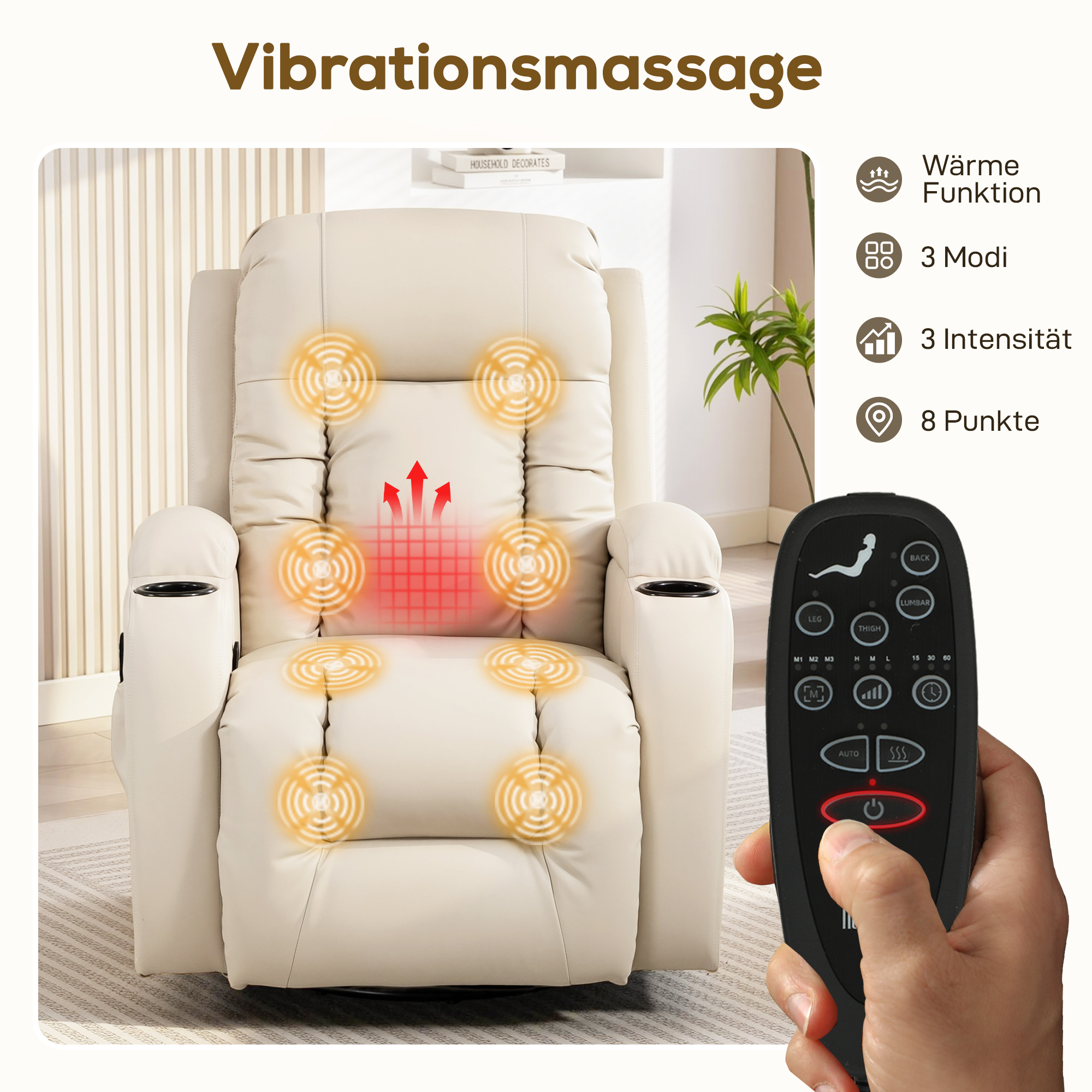 Massagesessel mit Wipp-, Liege- & Wärmefunktion, 3 Modi, drehbar, Cremeweiß