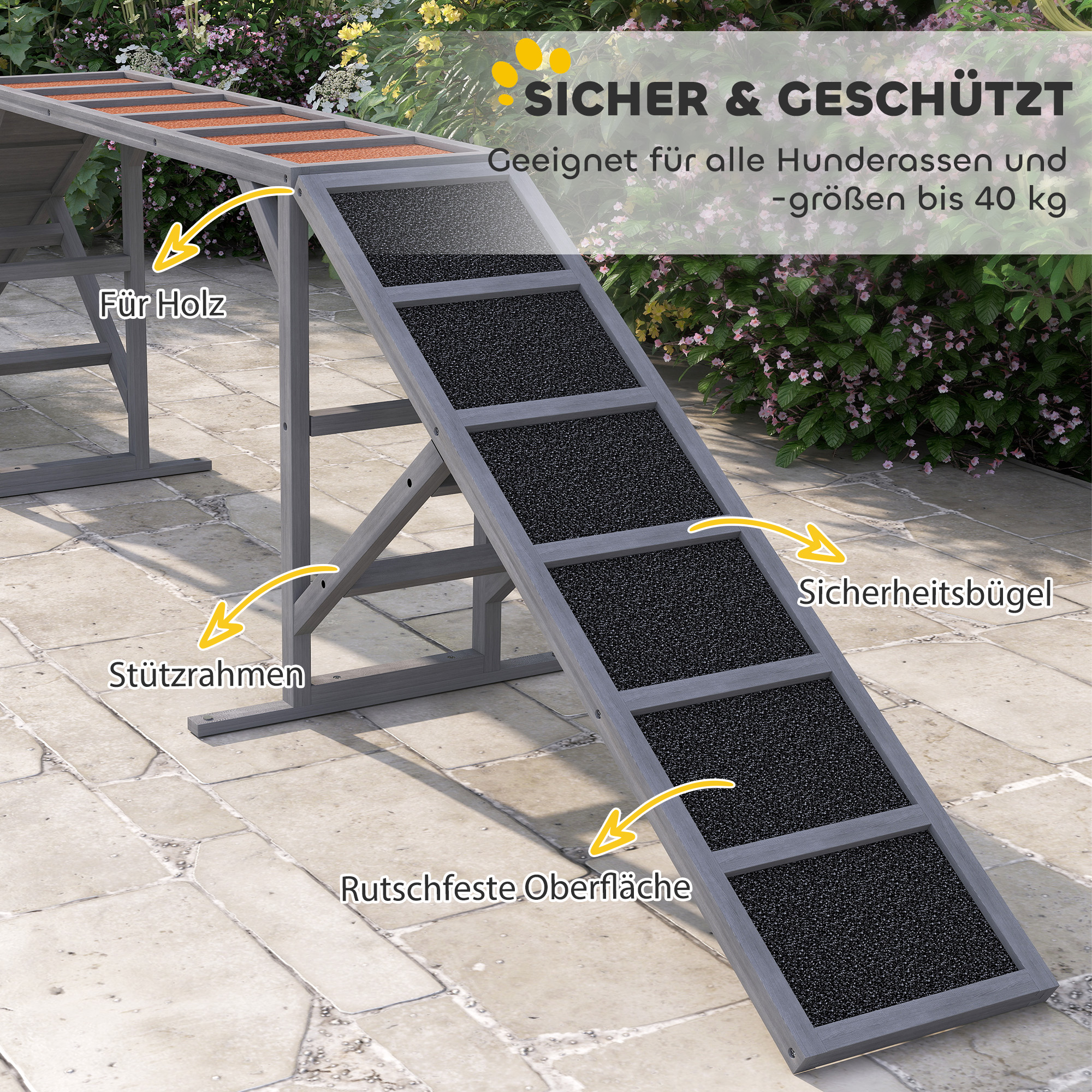 Hunde Agility Steg mit Sicherheitsstange rutschfester Oberfläche wetterfest Agility-Gerät bis 40 kg 325x55x69 cm Grau