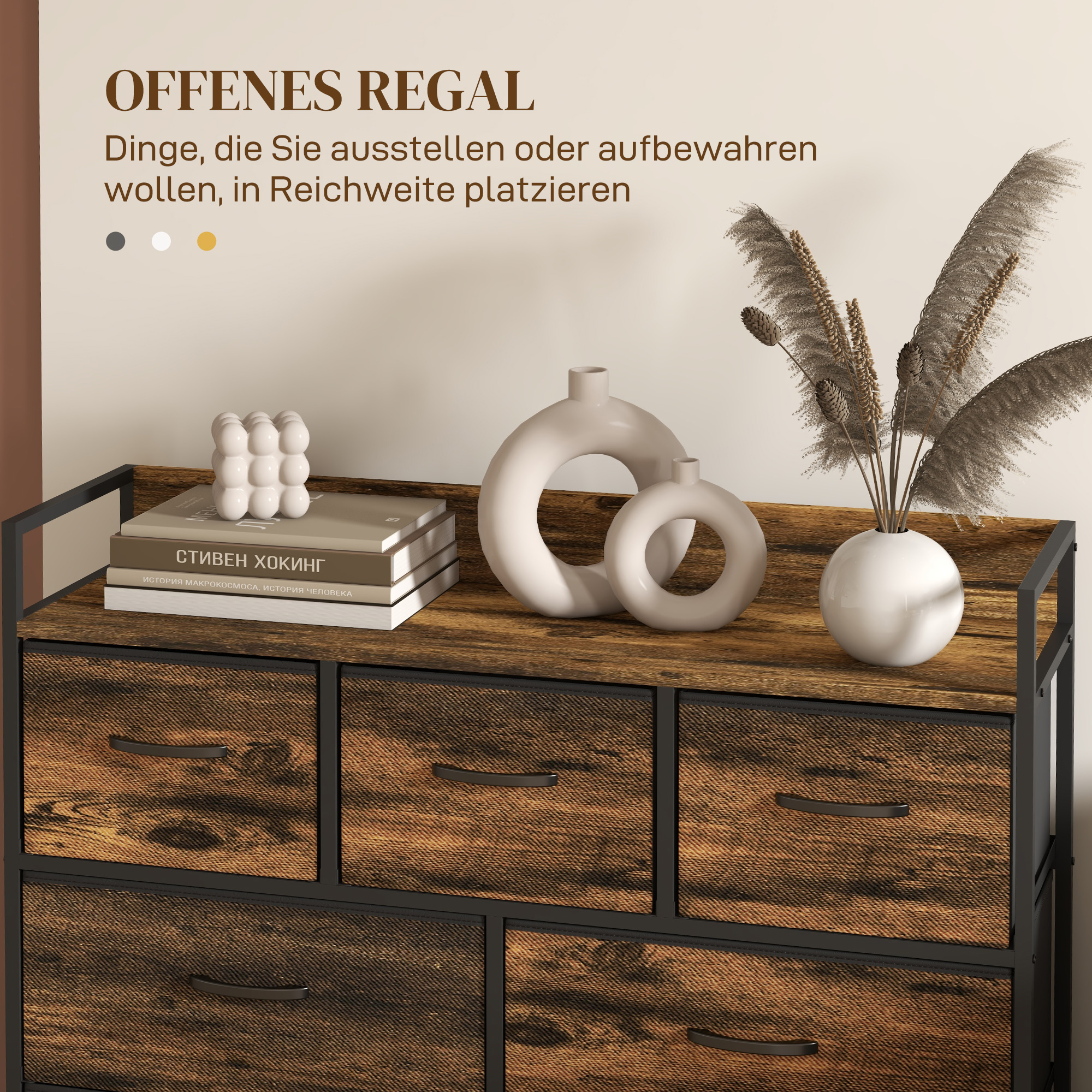 Kommode, Sideboard mit 7 Stoffschubladen, Industrial Design, Stahlrahmen, 98x29x85cm, Braun/Schwarz