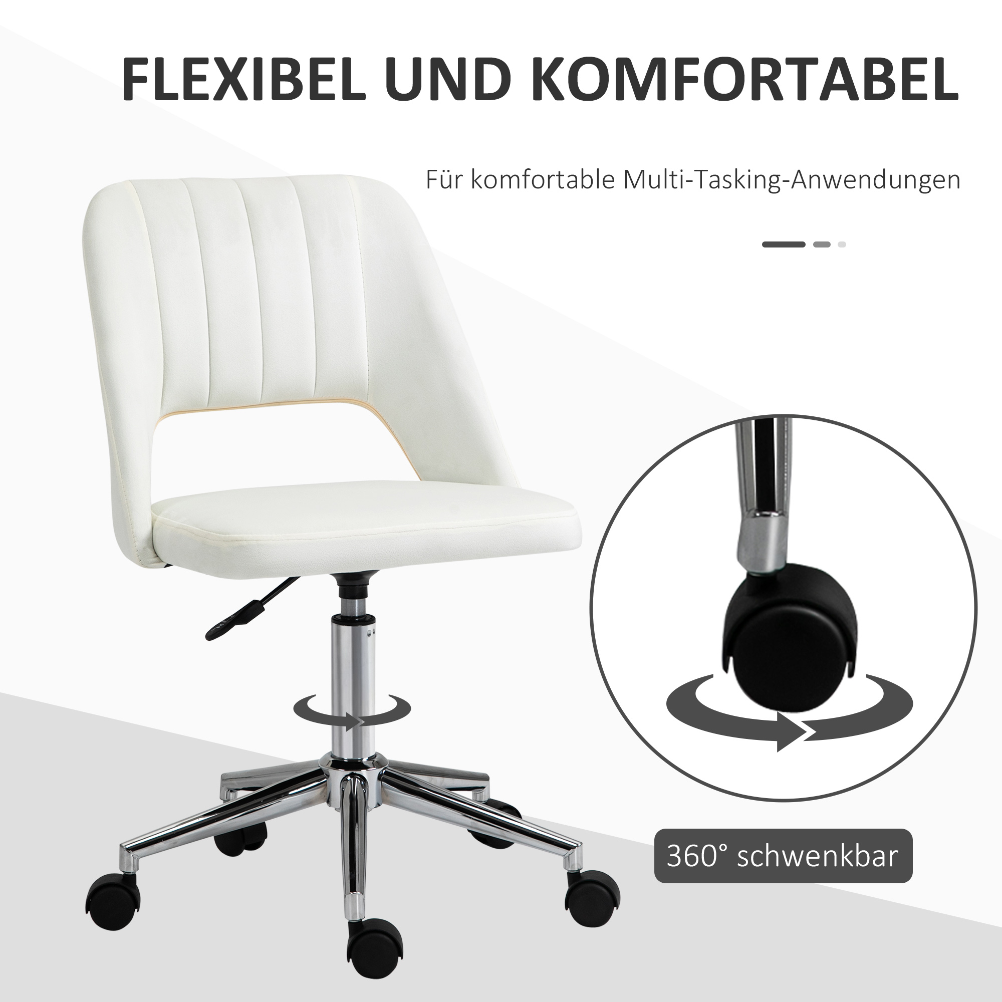 höhenverstellbarer Schreibtischstuhl mit Rollen, 360° drehbar, Jakobsmuschel-Form, Schaumstoff, 49 x 60 x 79-91 cm, Cremeweiß
