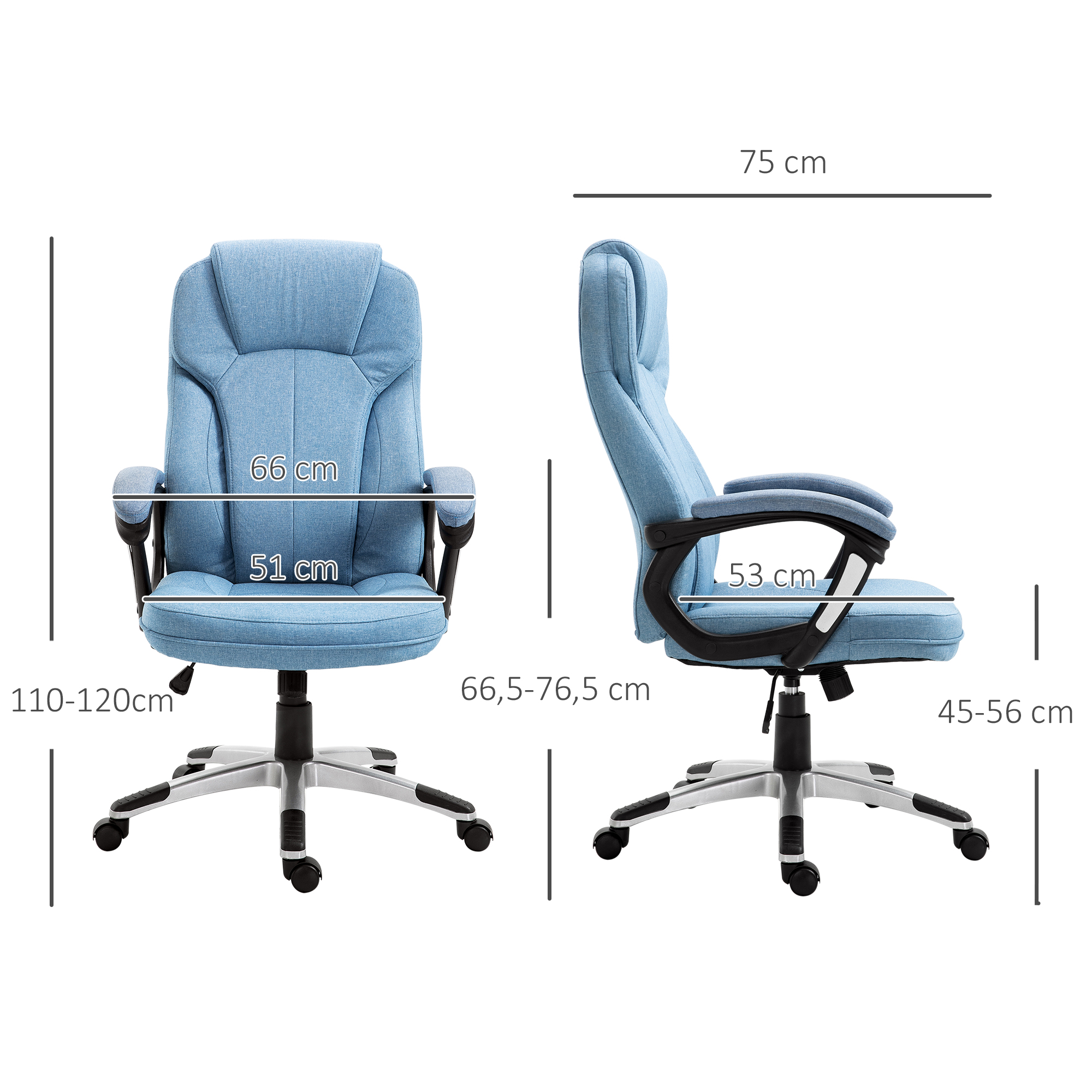 Bürostuhl Computerstuhl Drehstuhl höhenverstellbar Wippfunktion mit Kopfstütze und gepolsterte Armlehnen Ergonomisch Hellblau Leinen 66 x 75 x 110–120 cm