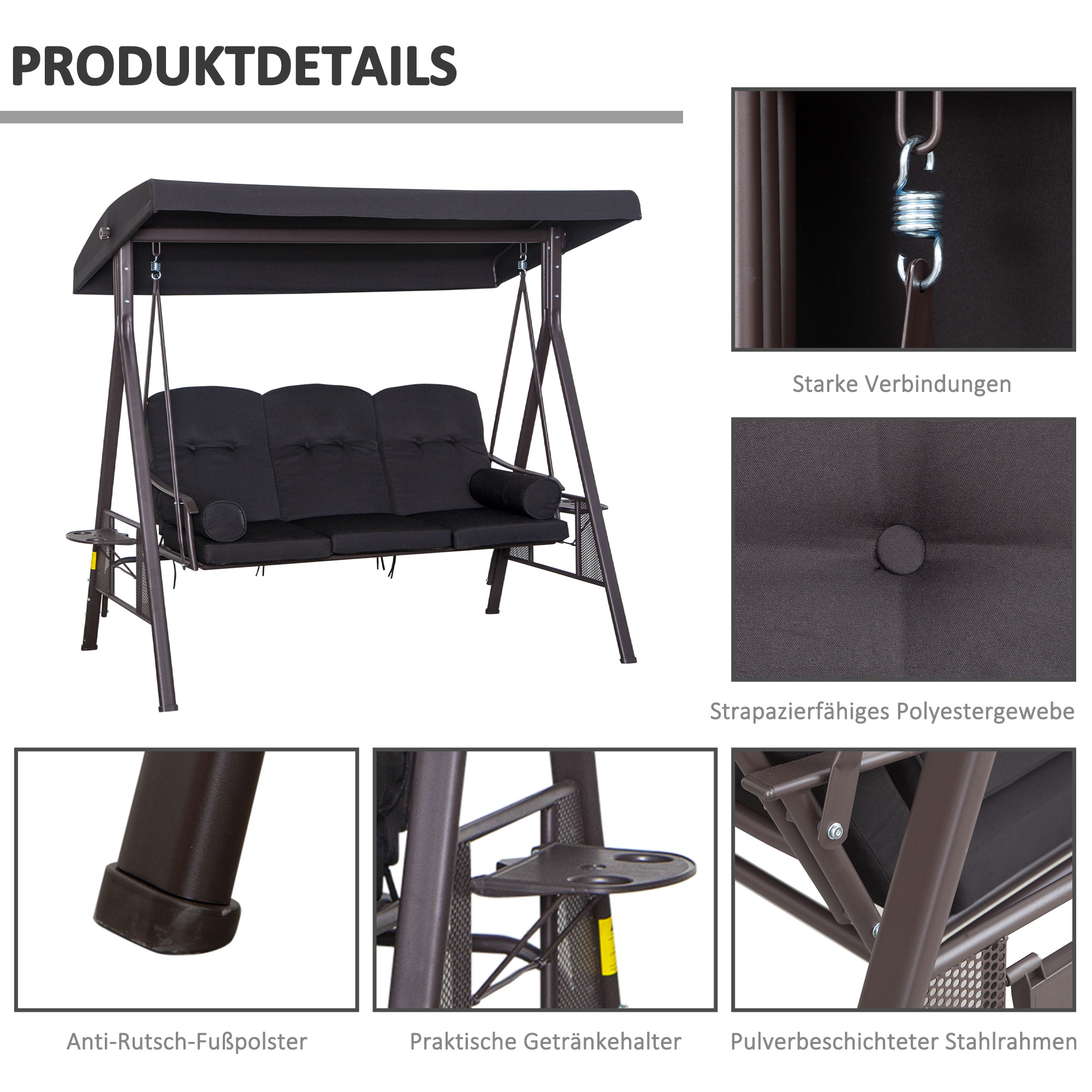 Hollywoodschaukel für 3 Personen, neigbares Dach, Metallrahmen, braun+schwarz, 116 x 206 x 183cm