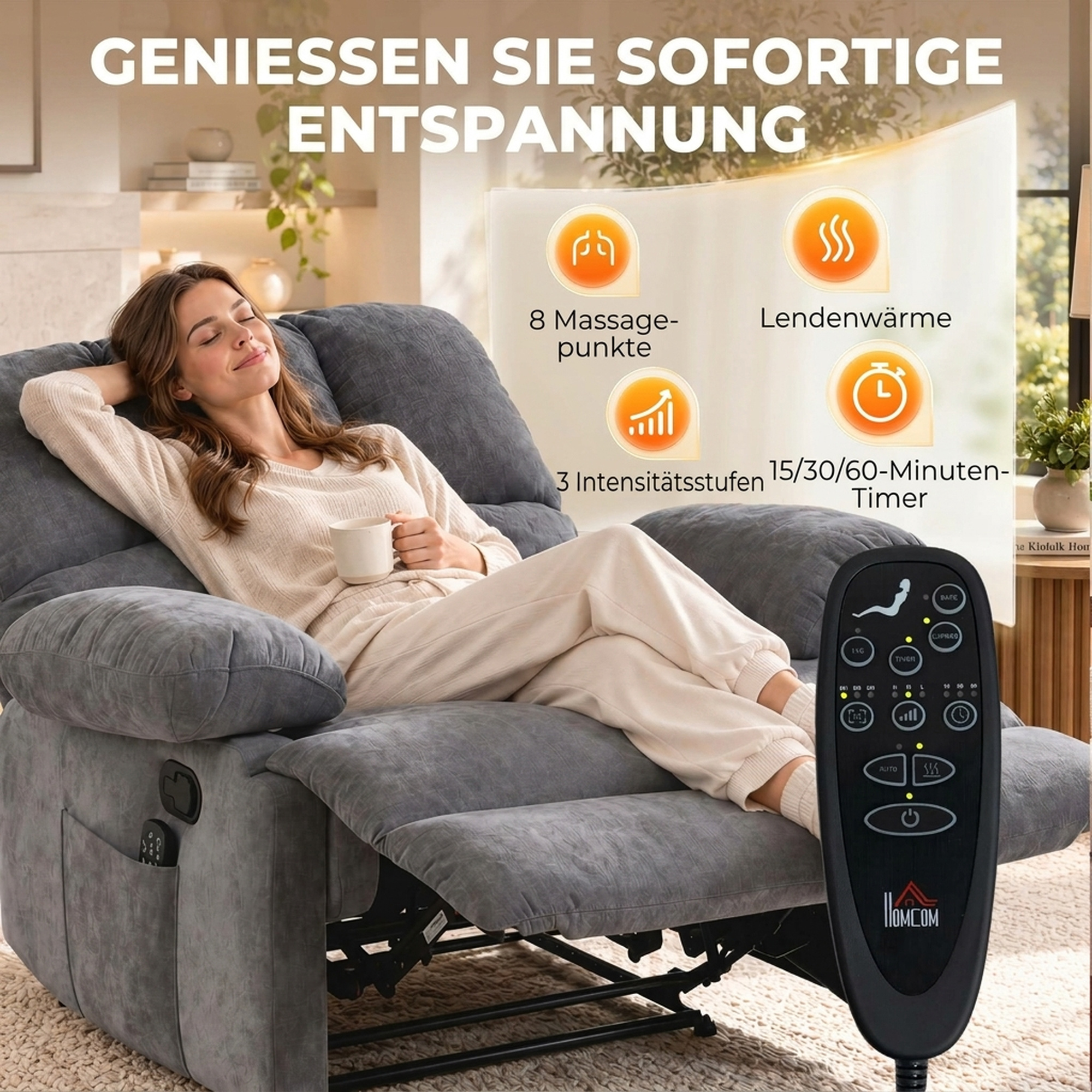 Massagesessel mit Wärmefunktion, bequemer Fernsehsessel mit Fußablage, Grau