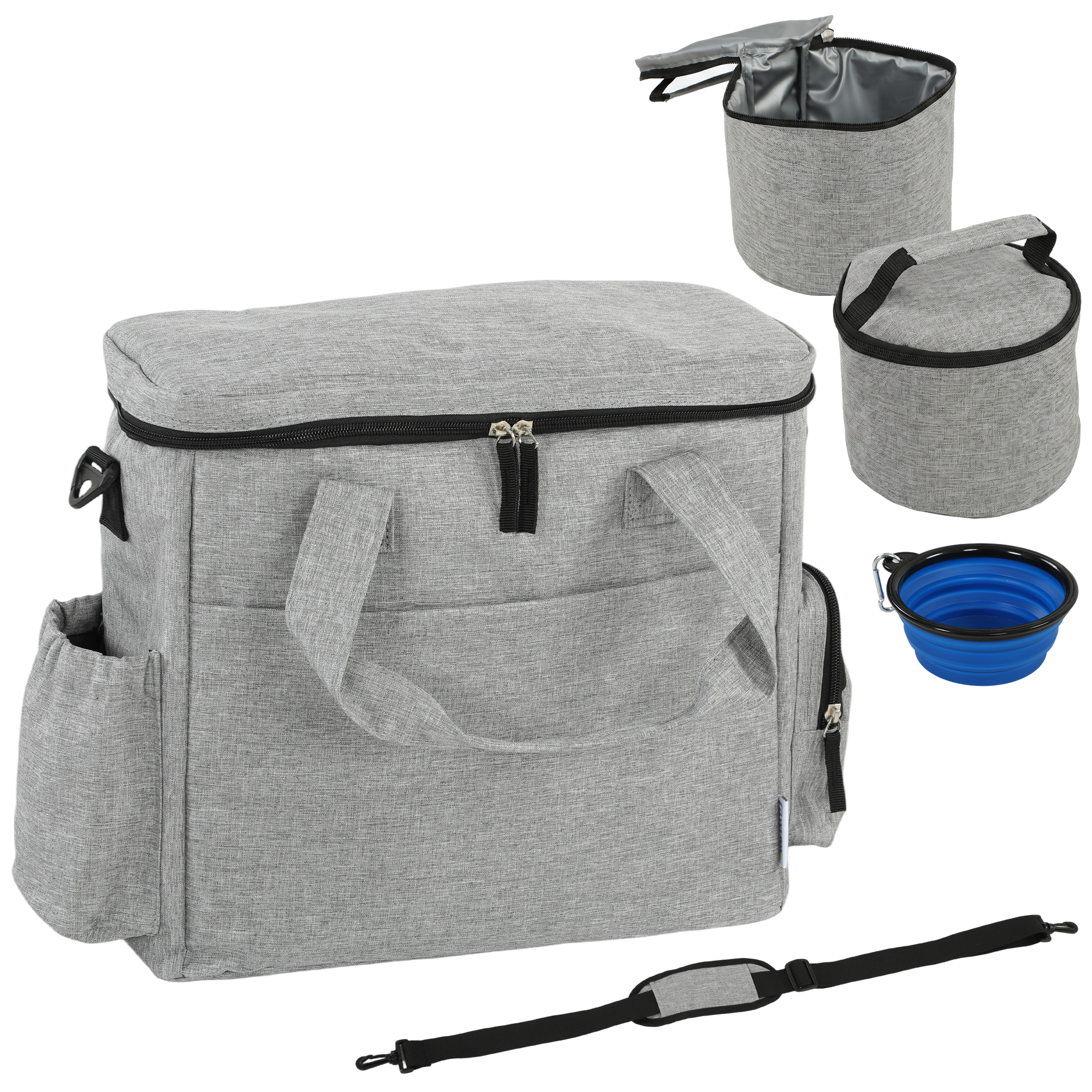 Hundebox Transportbox Hund mit mehreren Fächern 2 Futterbehältern zusammenklappbar Silikonschüssel 38x17x35 cm Hellgrau