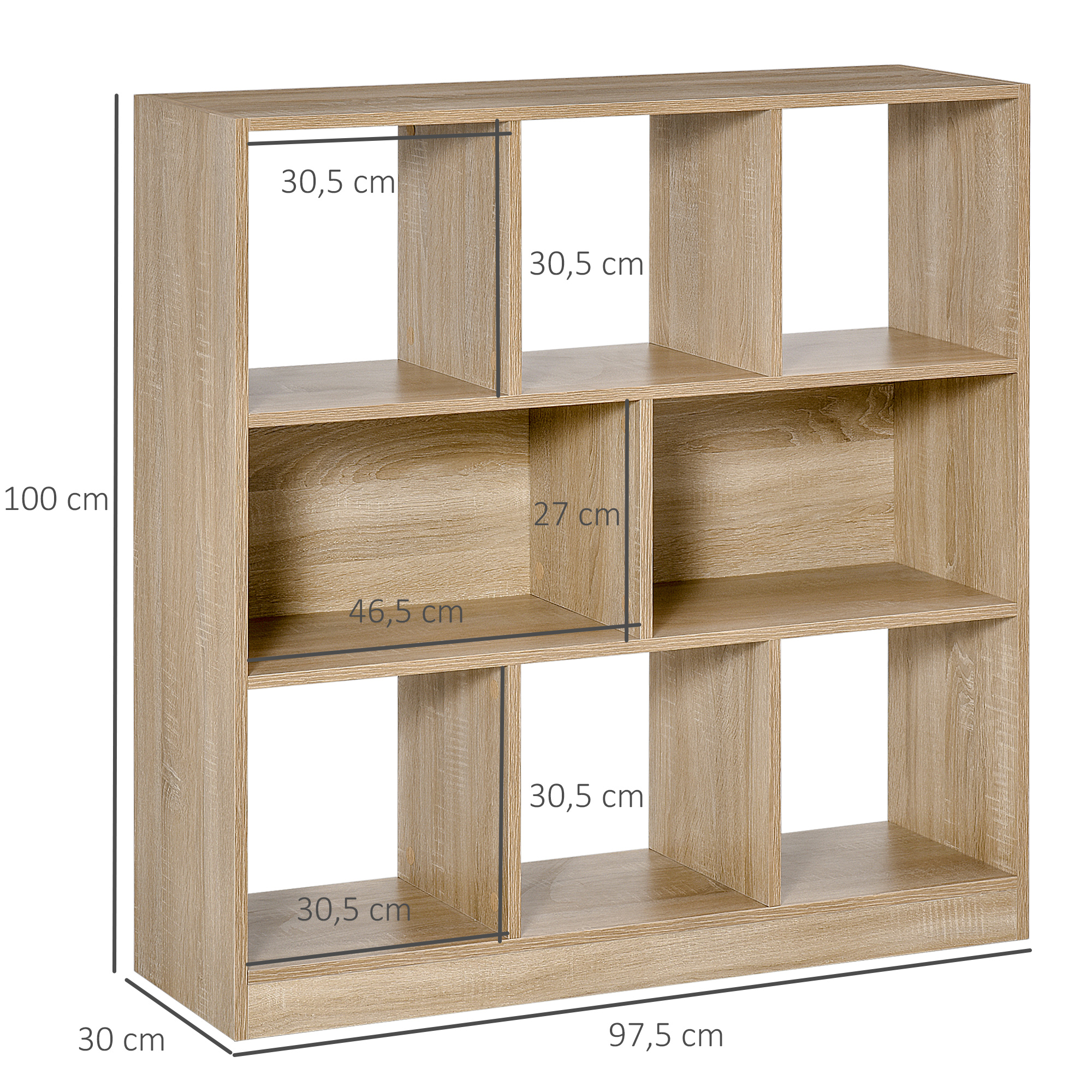 Bücherregal Regal Standregal, 8 Regalfächer, 97,5 x 30 x 100 cm, Eichen-Optik