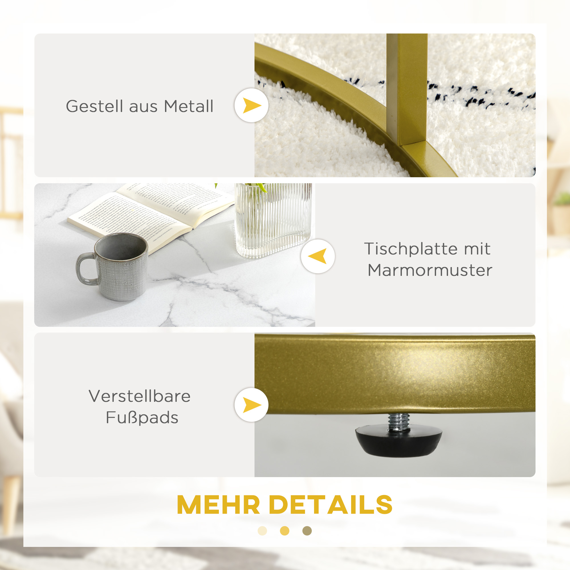 Beistelltisch-Set, 2 Satztische, Ø74 & Ø59 cm, Marmoroptik, Rahmen in Gold