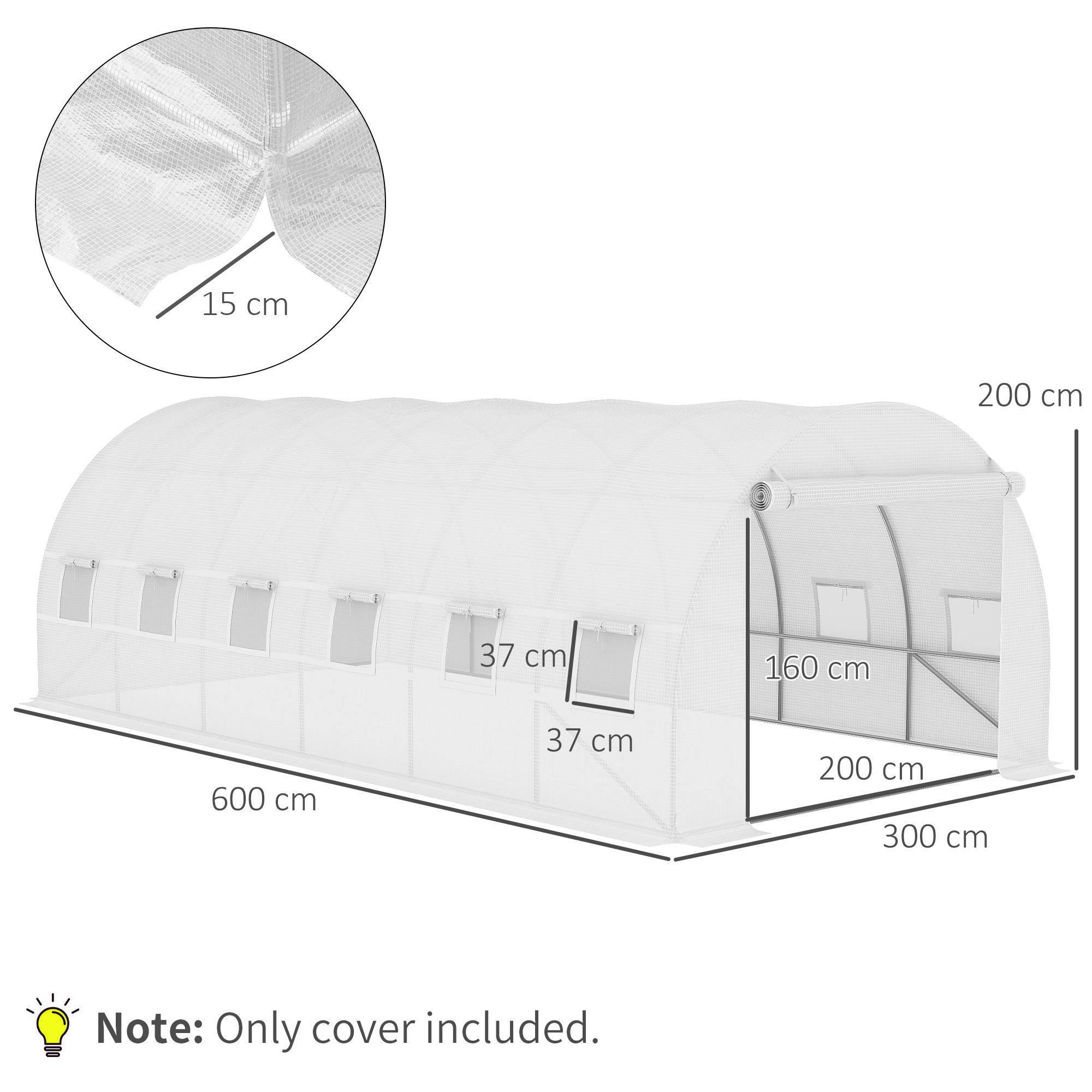 Ersatzfolie für 6x3x2 m Gewächshaus, robust, reißfest, 12 Fenster, Tür, Grün
