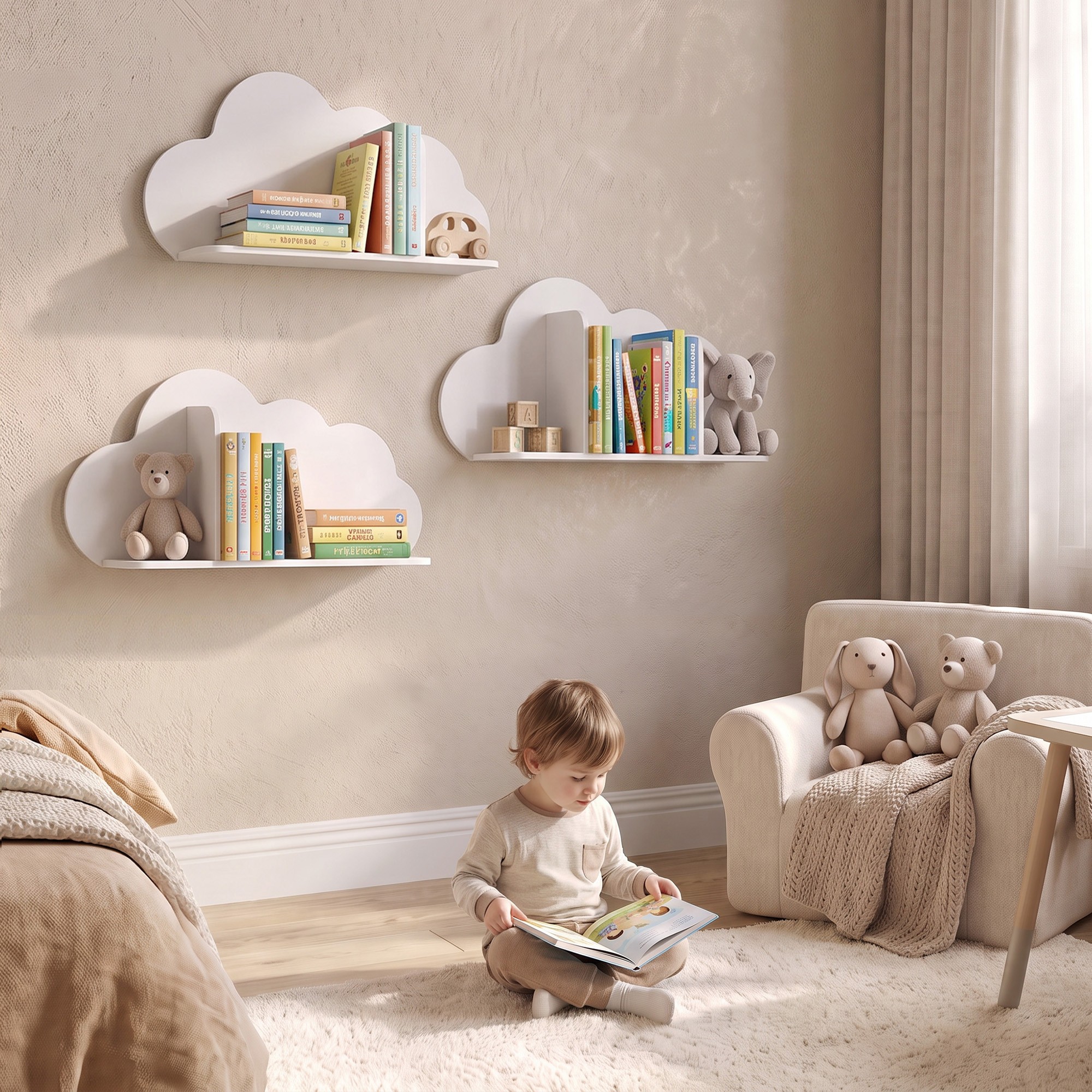 3er Set Wandregal Kinder 60cm Wand Bücherregal im Wolkenform Schwebende Bücherregal Montessori für 3–8 Weiß