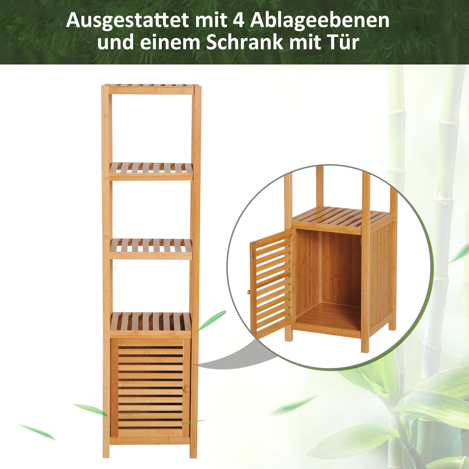 Badezimmerschrank, freistehend, 3 Regalböden, schmal & hoch, Lamellentür, 36 x 33 x 140cm