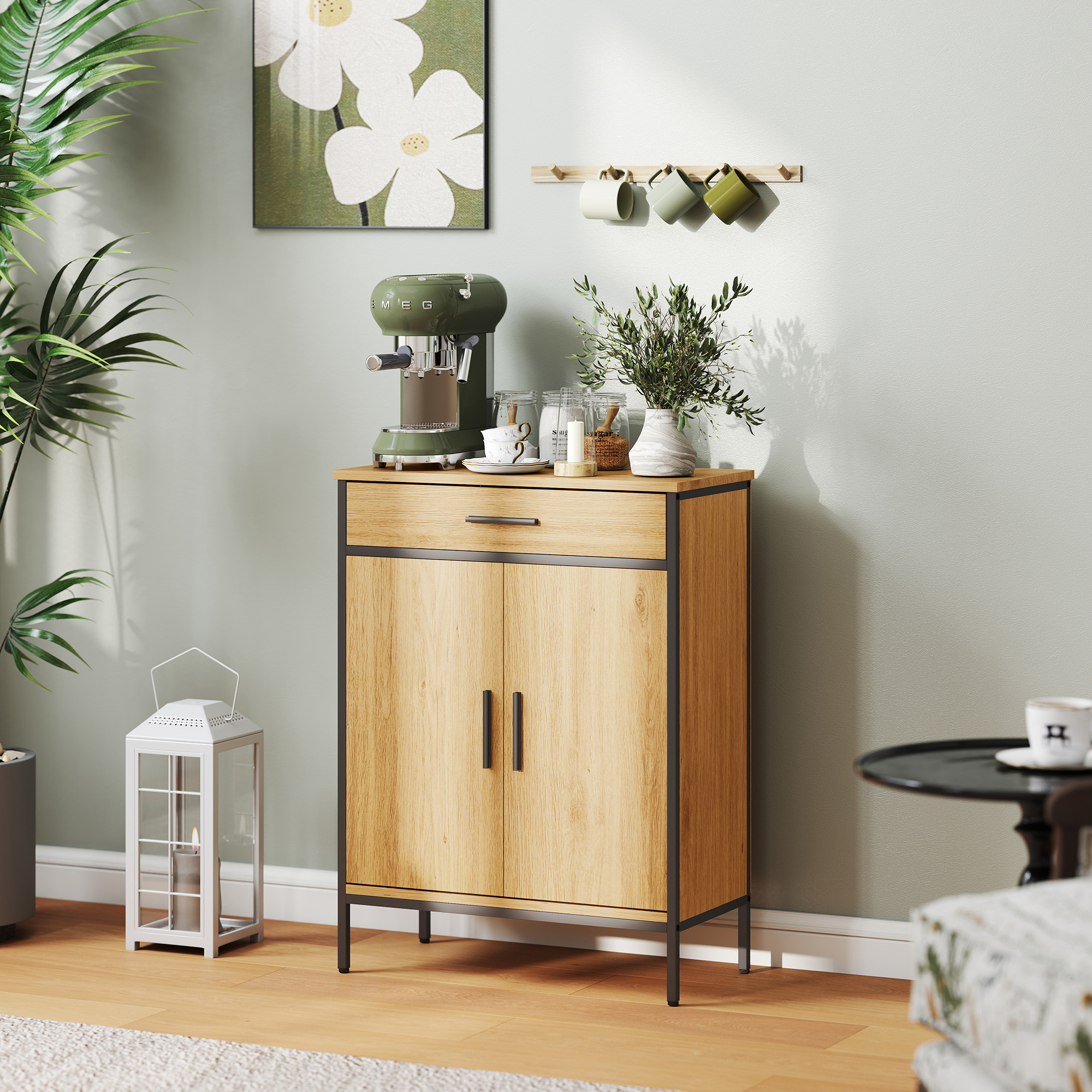 Badezimmerschrank, zweistufige Regale, große Schublade, Industriestil, Eichenoptik