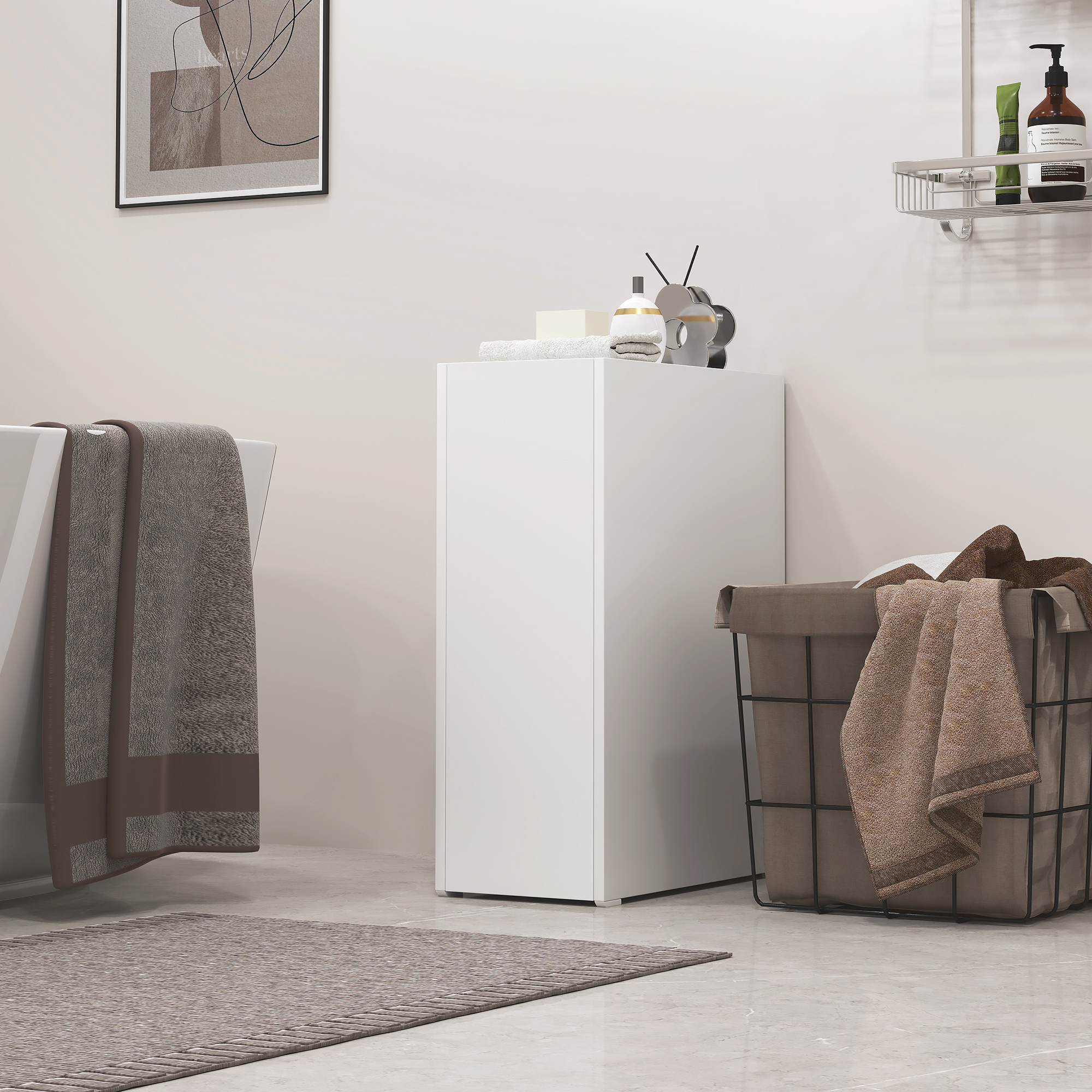 Schmaler Badezimmerschrank, Bodenschrank mit tiefer Schublade, Freistehender Badschrank, Spanplatte, Weiß