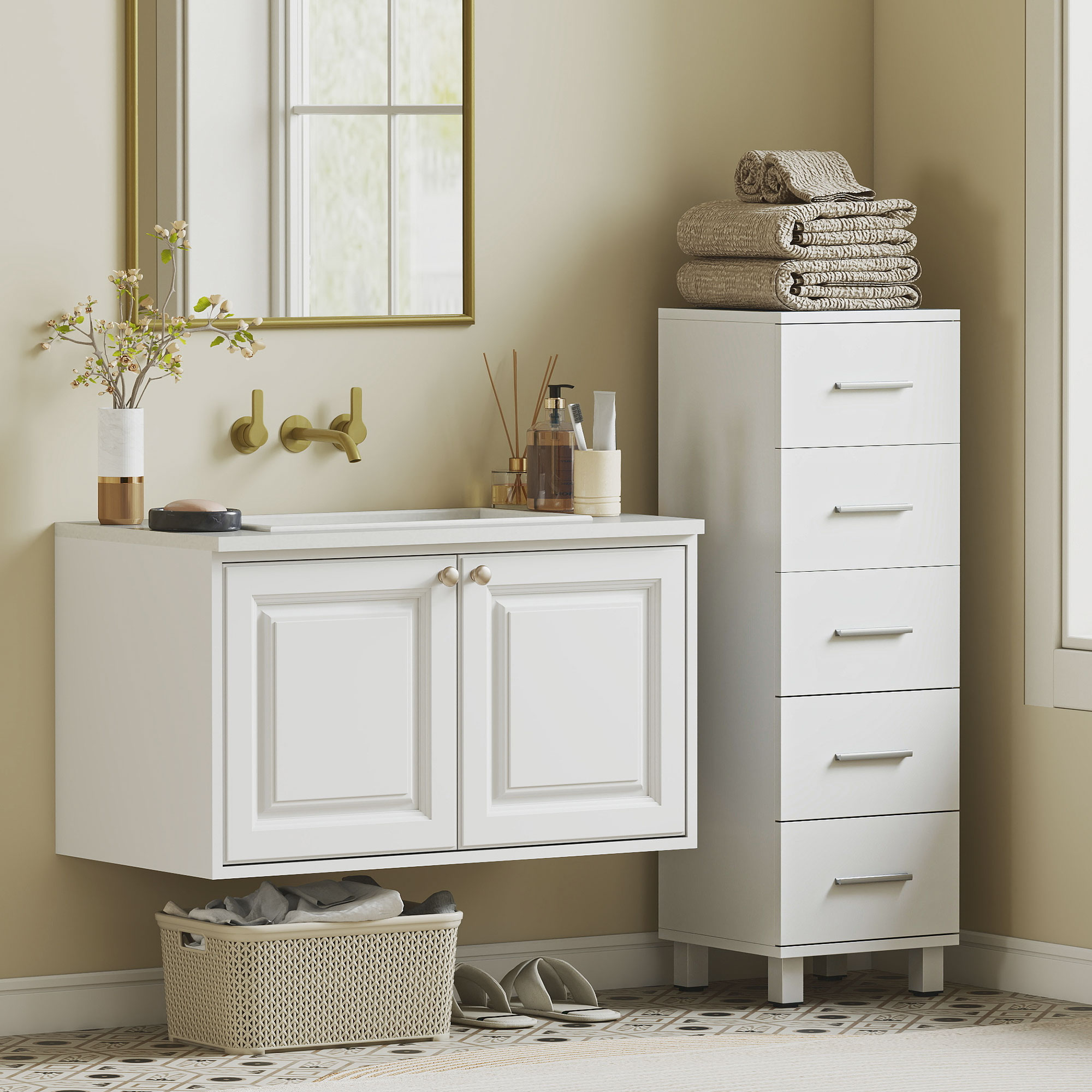 Badezimmerschrank Schmaler Badschrank mit 5 Schubladen für Badezimmer  30 x 30 x 95 cm Weiß